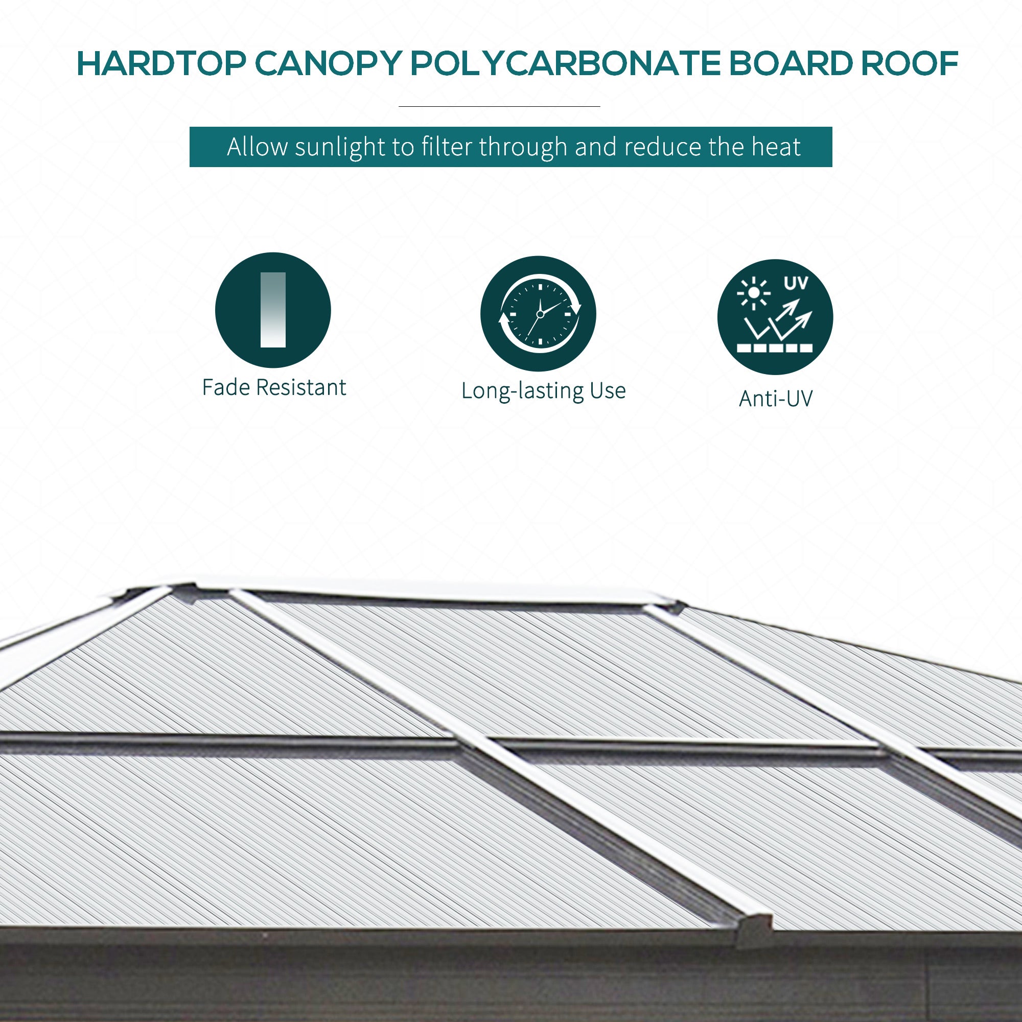 Close-up of the hardtop canopy of the Outsunny 12' x 10' Hardtop Gazebo, emphasizing its UV-blocking polycarbonate roof.