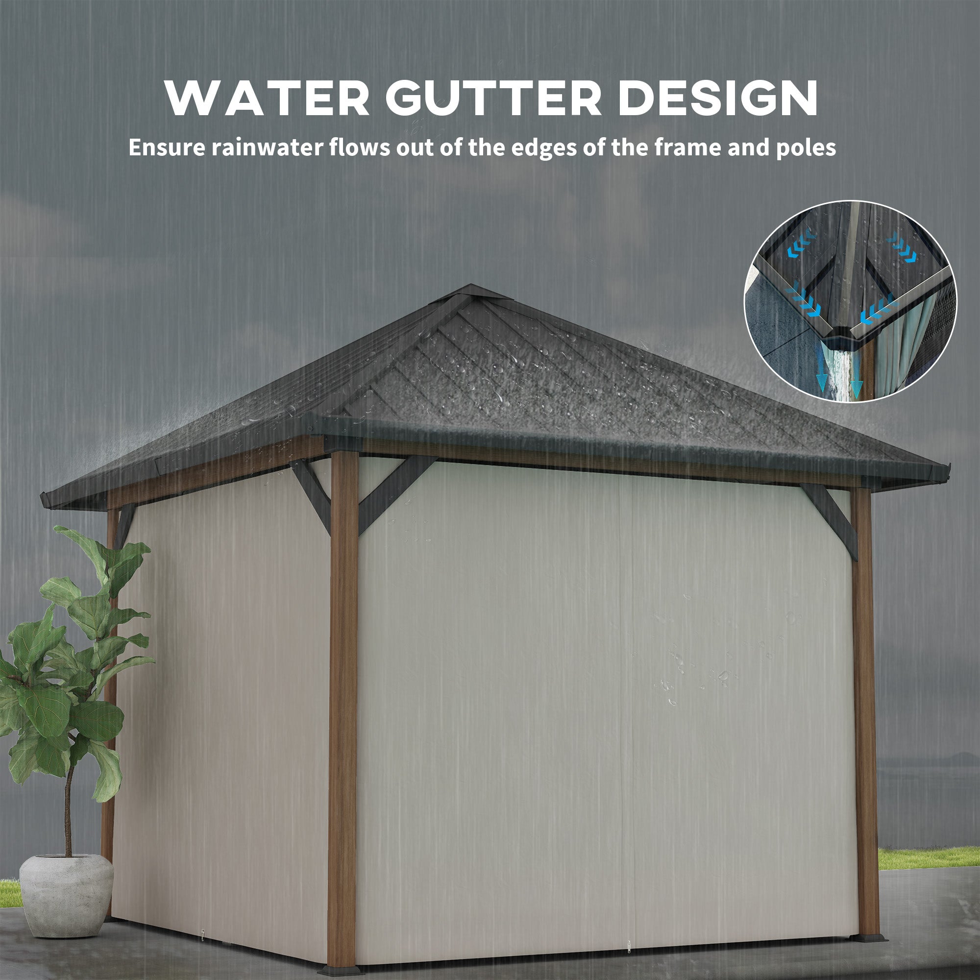 Detailed view of the water gutter design on the Outsunny 10' x 10' Waterproof Hardtop Metal Gazebo, ensuring effective rainwater drainage.