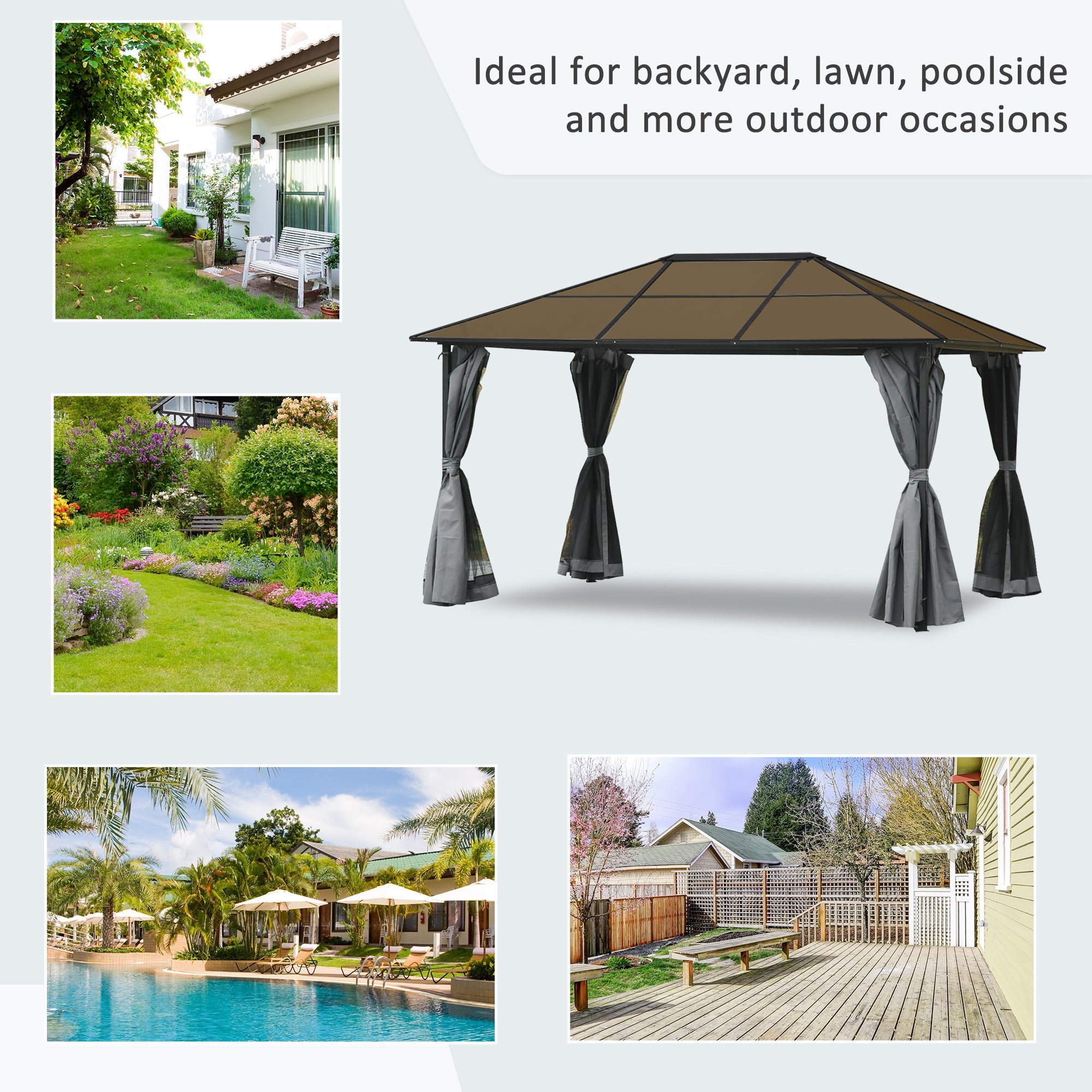 Outsunny 13' x 10' Aluminum Hardtop Gazebo with Canopy, Netting & Curtains in Grey ideal for various outdoor settings like backyards, lawns, and poolside.