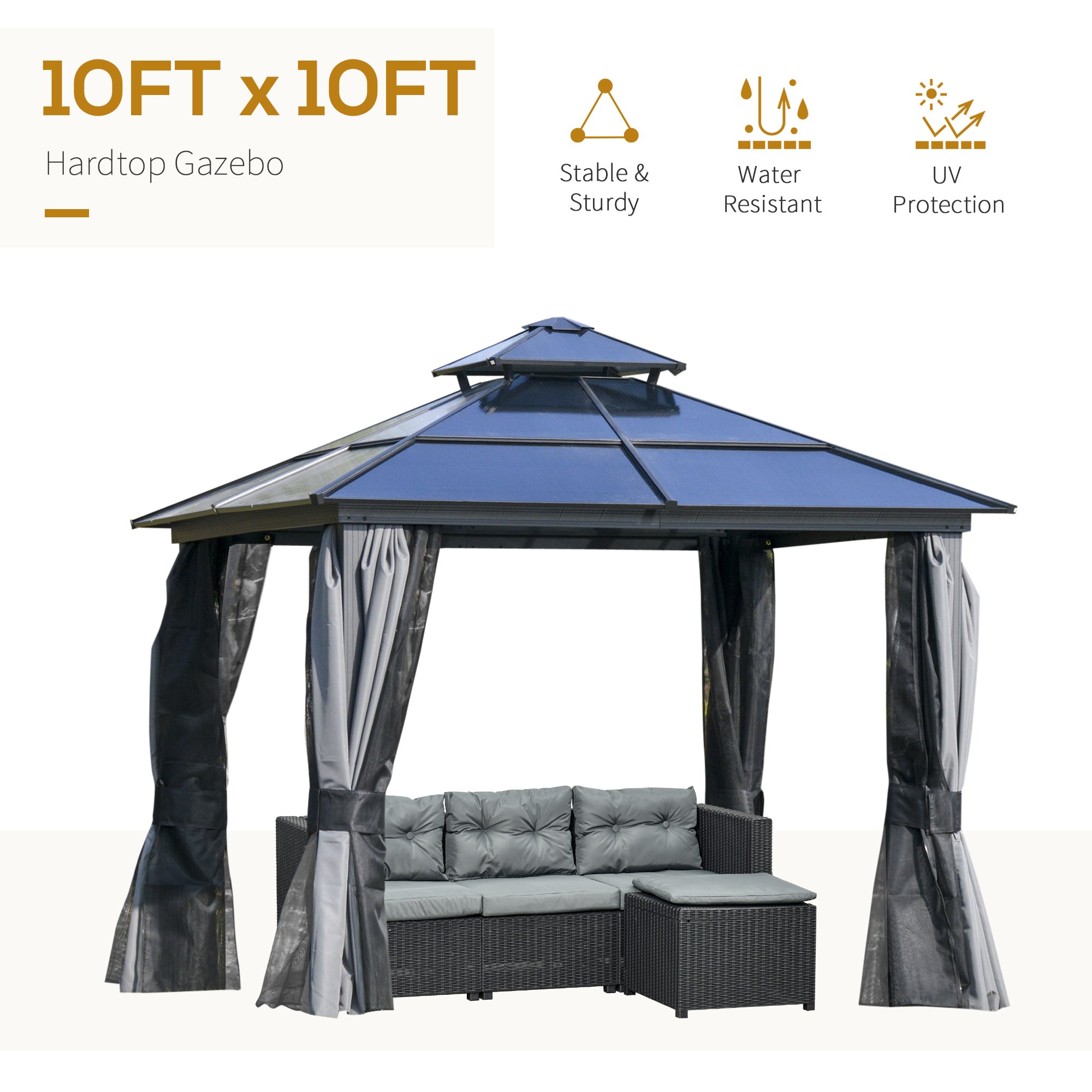 Outsunny 10'X10' Hardtop Aluminum Patio Gazebo in black and grey, featuring a durable design, ideal for outdoor seating and relaxation.