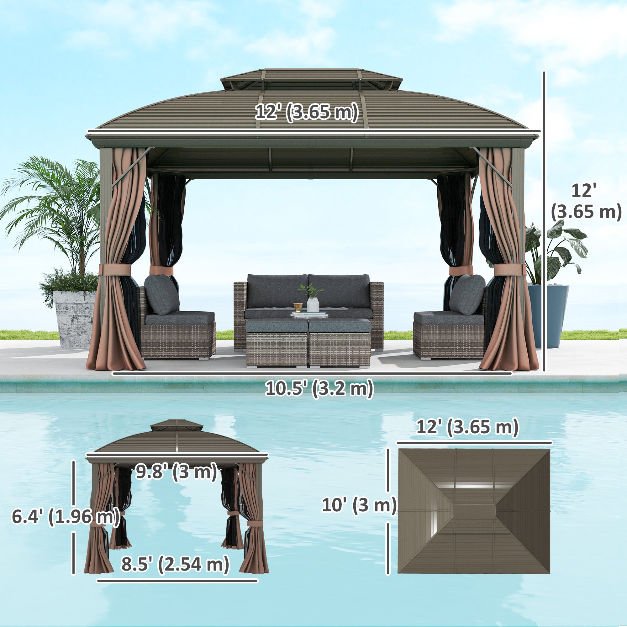 Dimensions of the Outsunny 10' x 12' Hardtop Patio Gazebo displayed in an outdoor setting with comfortable furniture.