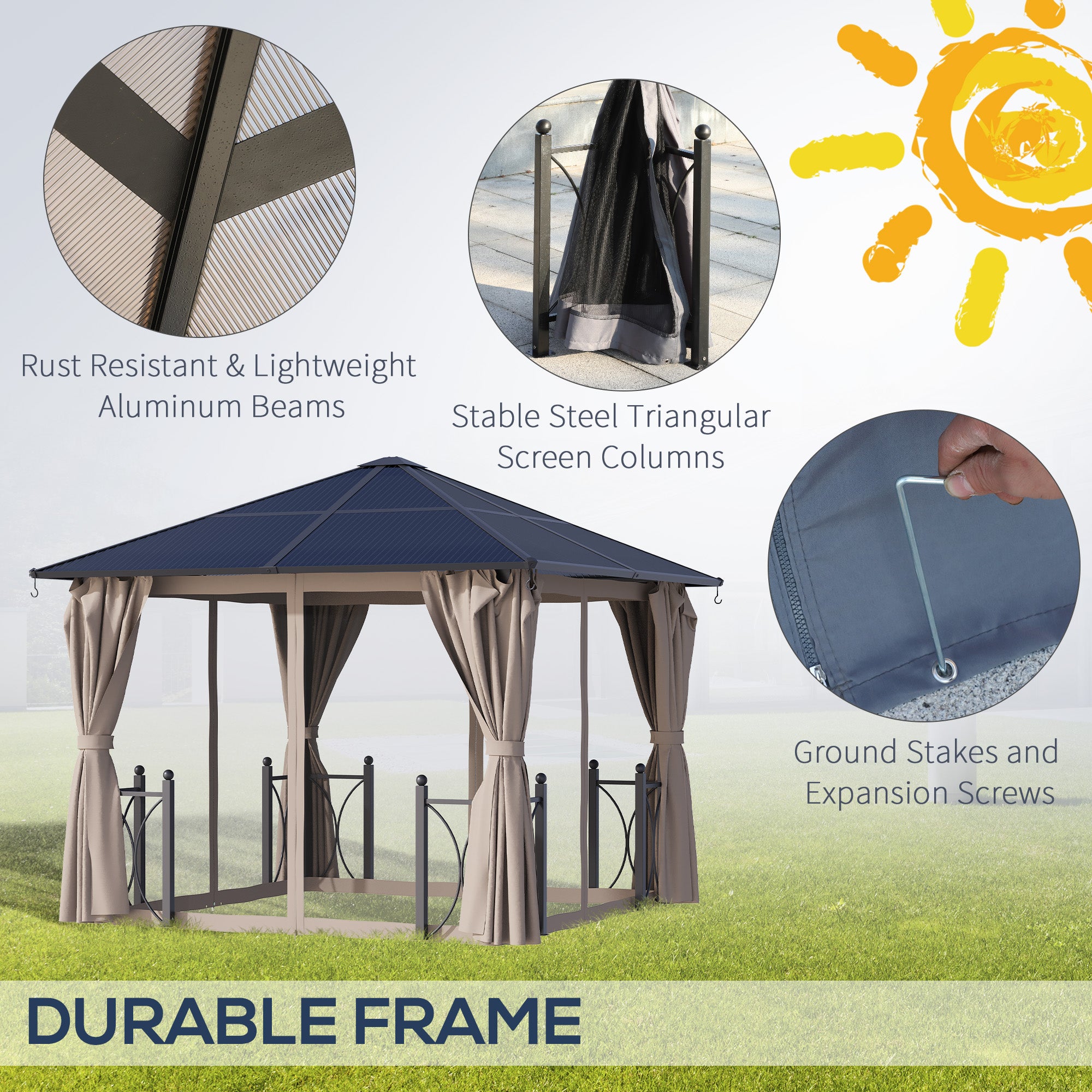 Outsunny 10'X10' Hardtop Gazebo featuring rust-resistant aluminum beams, stable steel triangular columns, and including ground stakes and expansion screws for secure setup.
