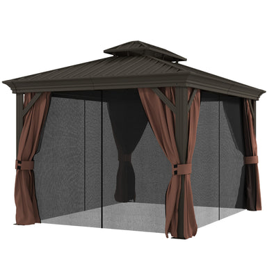 Outsunny 10' x 12' Double-Tier Hardtop Gazebo featuring galvanized steel roof and mesh curtains, perfect for outdoor relaxation and gatherings.