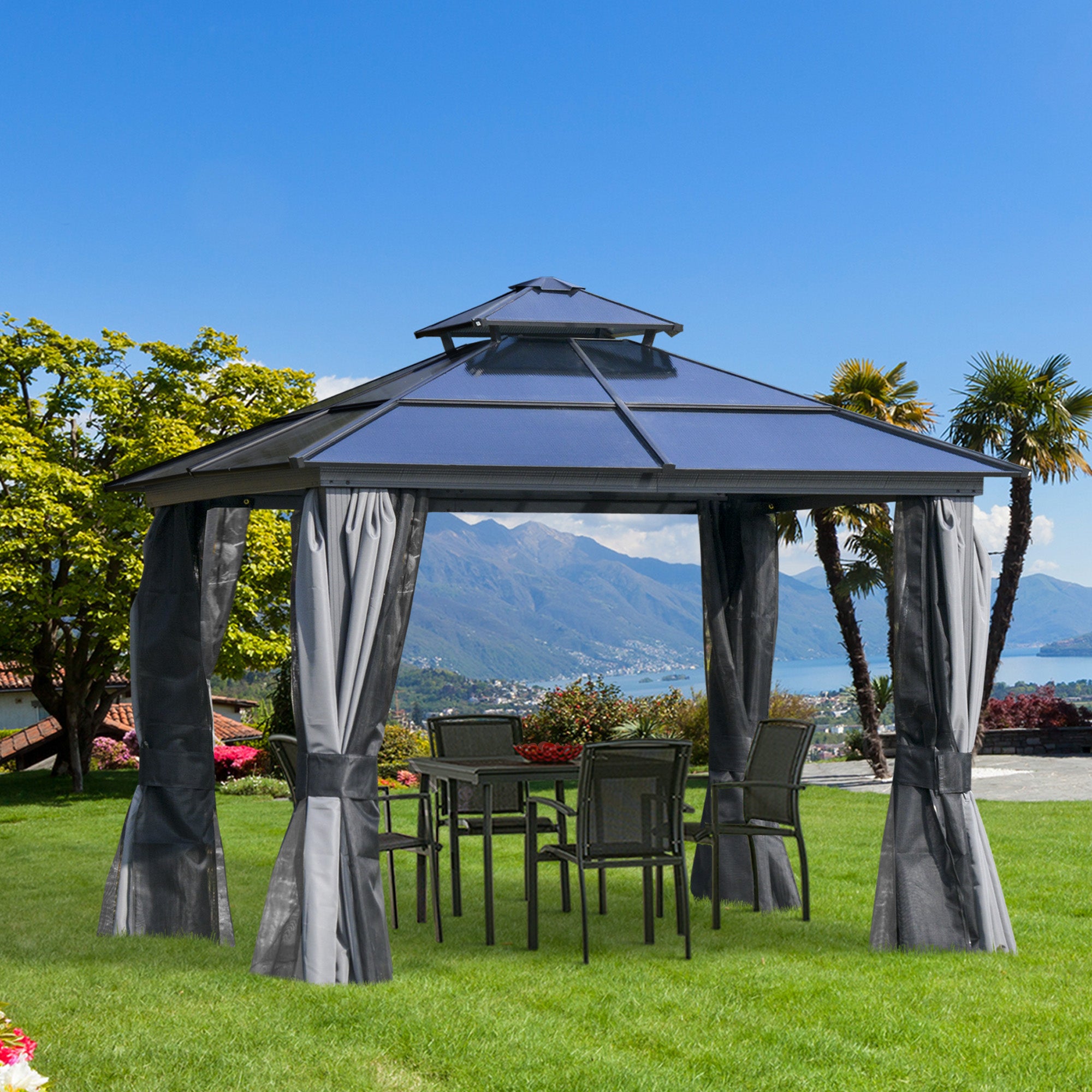 The Outsunny 10'X10' Hardtop Aluminum Patio Gazebo set in a scenic outdoor location with a dining table, demonstrating its perfect fit for outdoor gatherings.