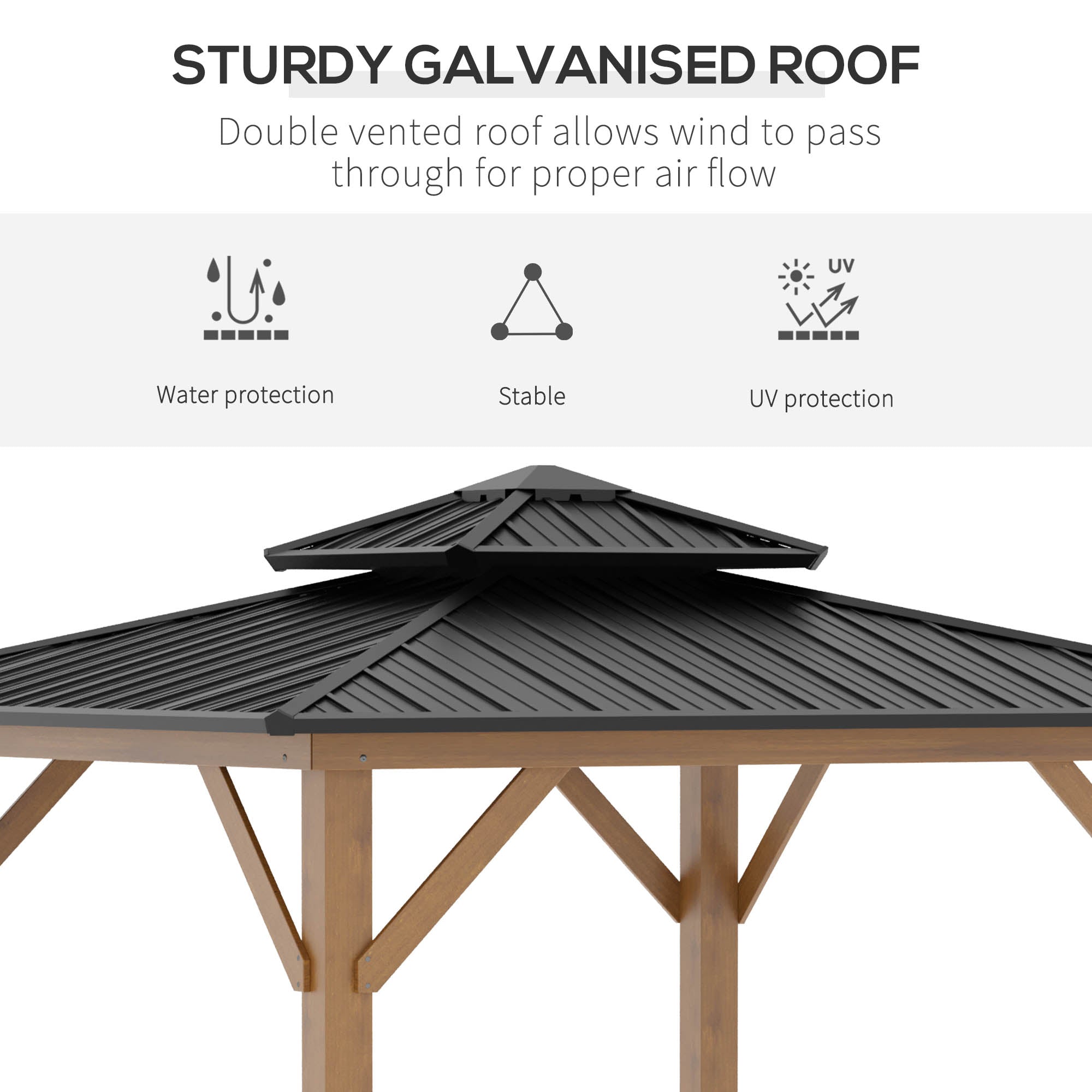 Close-up view of the Outsunny 11' x 11' Wood Frame Hardtop Gazebo featuring the double-vented galvanized roof for UV and water protection.
