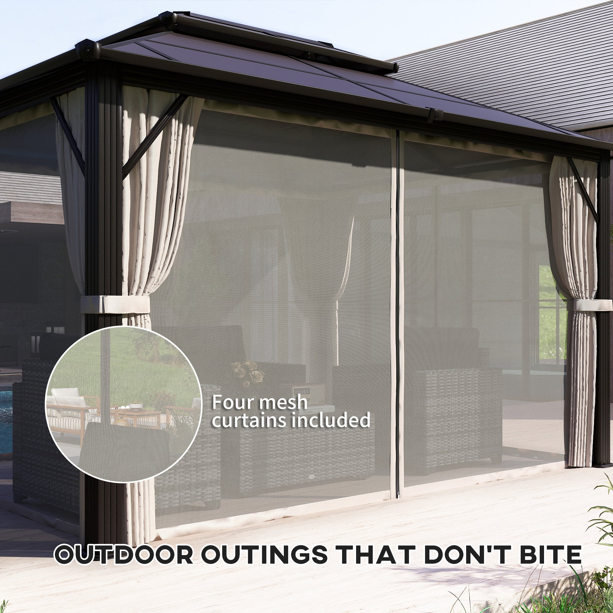 Outsunny 10' x 13' Hardtop Gazebo Canopy highlighting four mesh curtains, ideal for comfortable outdoor gatherings without bugs.