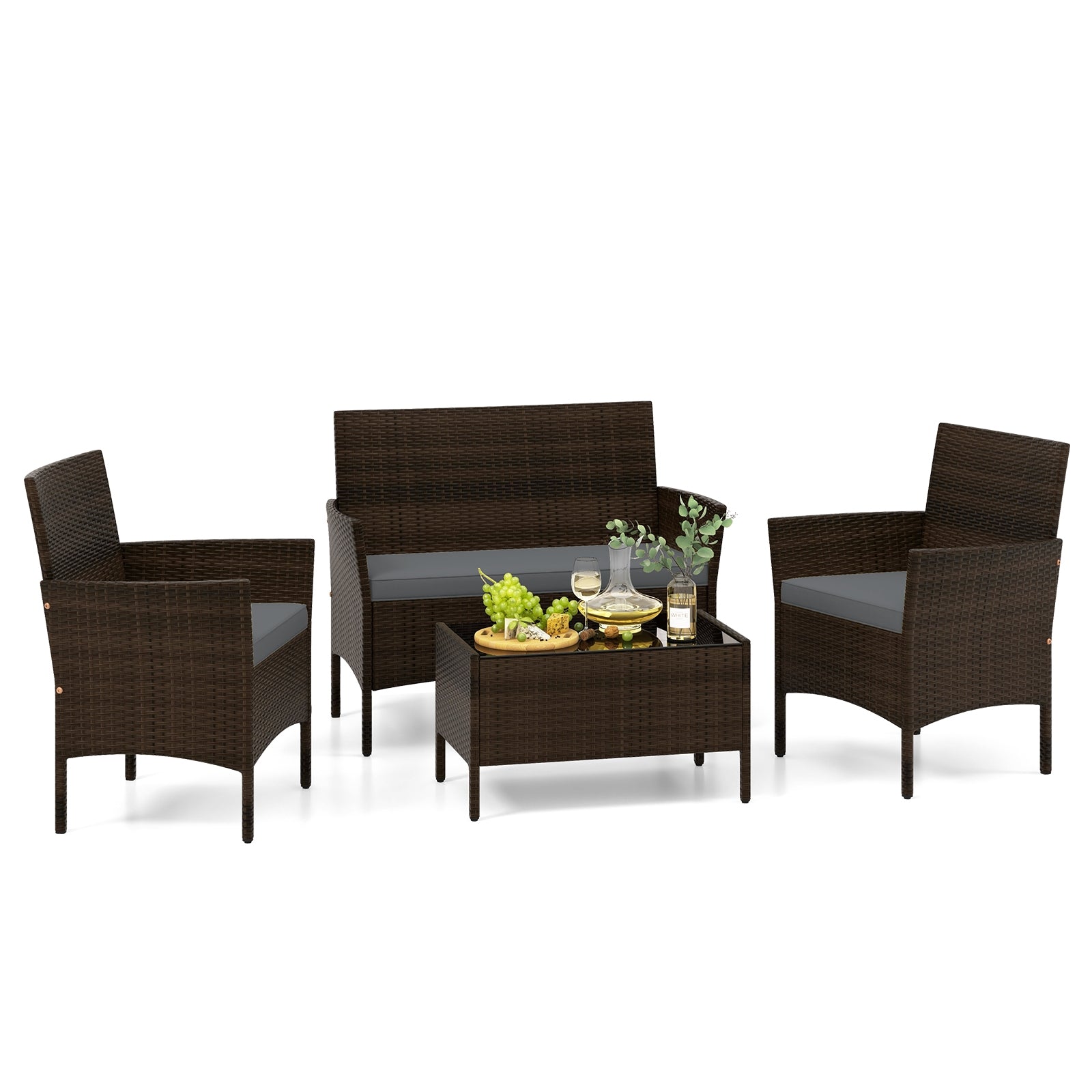 4-Piece Gray Patio Rattan Conversation Set elegantly set up with snacks and drinks on the coffee table, enhancing outdoor living.