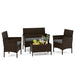 4-Piece Gray Patio Rattan Conversation Set elegantly set up with snacks and drinks on the coffee table, enhancing outdoor living.