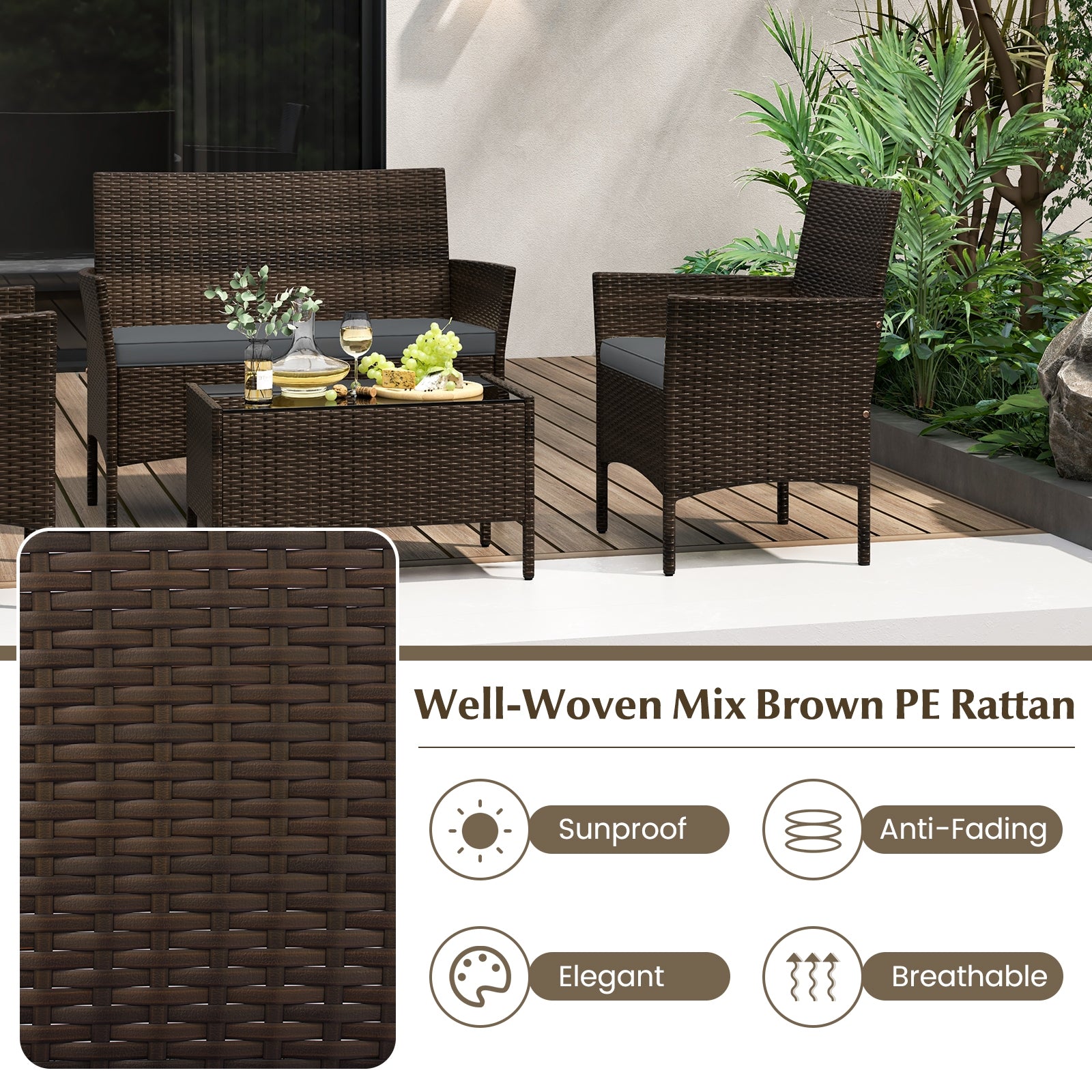Close-up of the well-woven PE rattan material of the 4-Piece Gray Patio Rattan Conversation Set, showcasing its elegant design and durability.