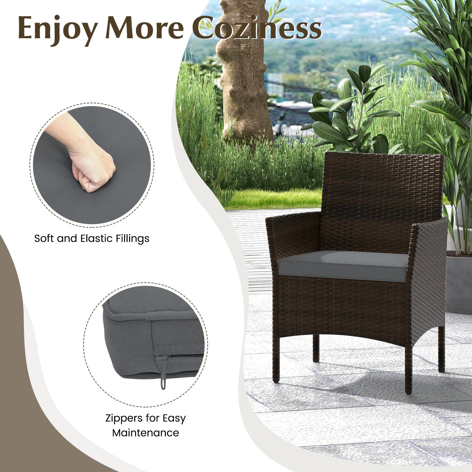 Dream Yard Oasis™ 4-Piece Gray Patio Rattan Conversation Set featuring a comfortable armchair with soft and elastic cushion fillings, designed for cozy outdoor relaxation with zippers for easy maintenance.
