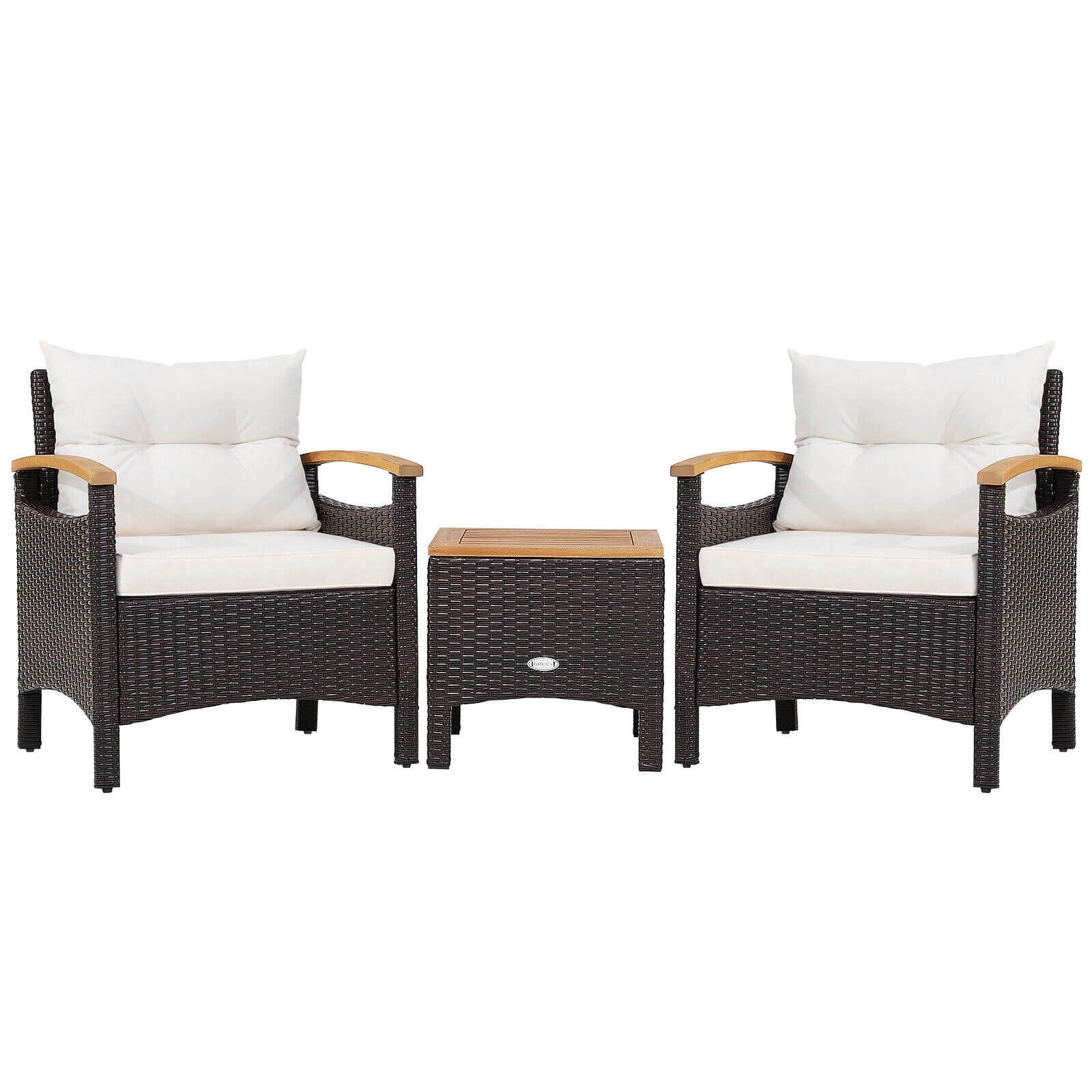 3-Piece Outdoor Patio Rattan Furniture Set with Removable Cushions - Stylish & Comfortable showing a close-up view of the two chairs and coffee table in an elegant arrangement.