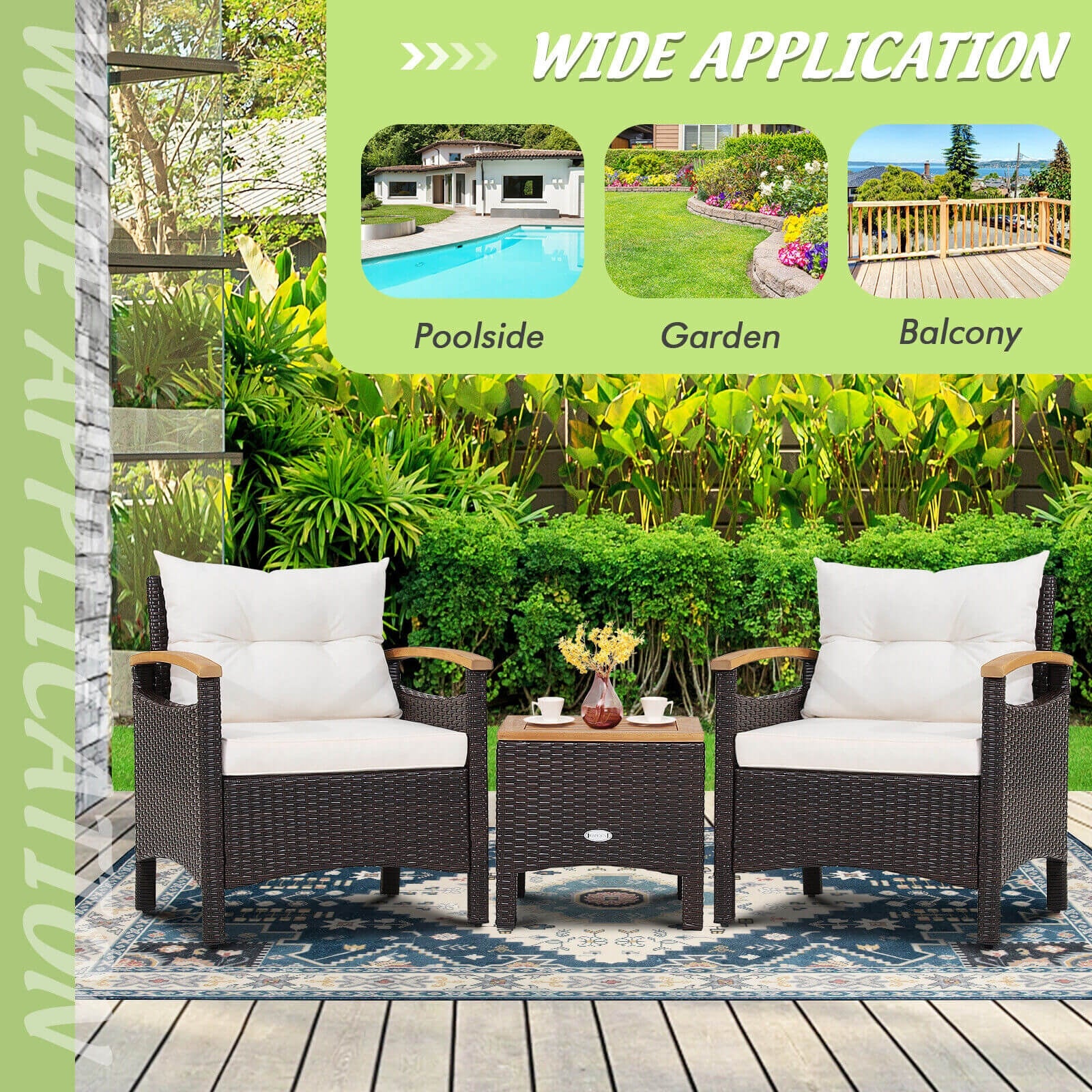 3-Piece Outdoor Patio Rattan Furniture Set with Removable Cushions by Dream Yard Oasis, featuring wide application options for poolside, garden, and balcony with lush greenery in the background.