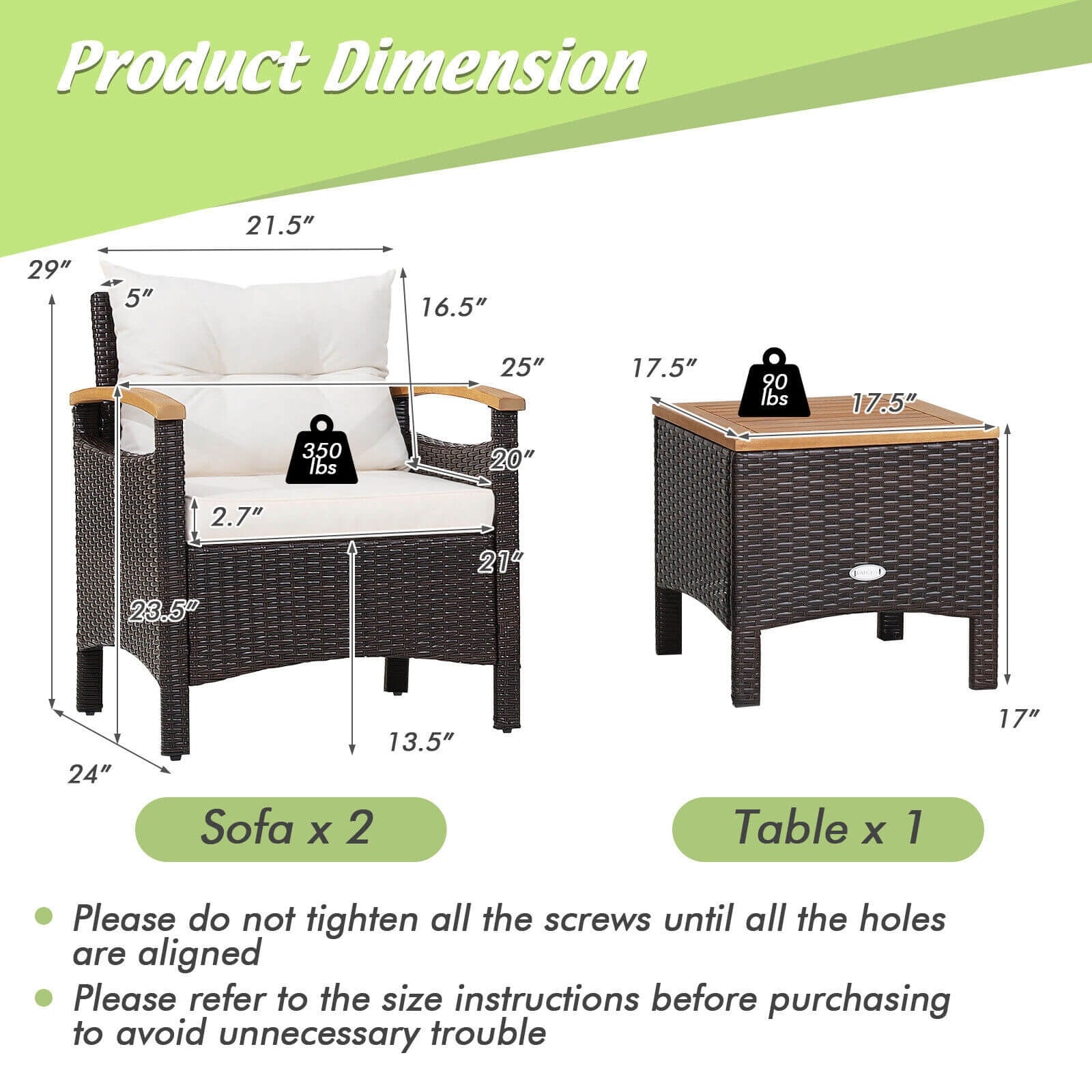 3-Piece Outdoor Patio Rattan Furniture Set with Removable Cushions - Stylish & Comfortable dimensions and features diagram highlighting chair and table sizes.