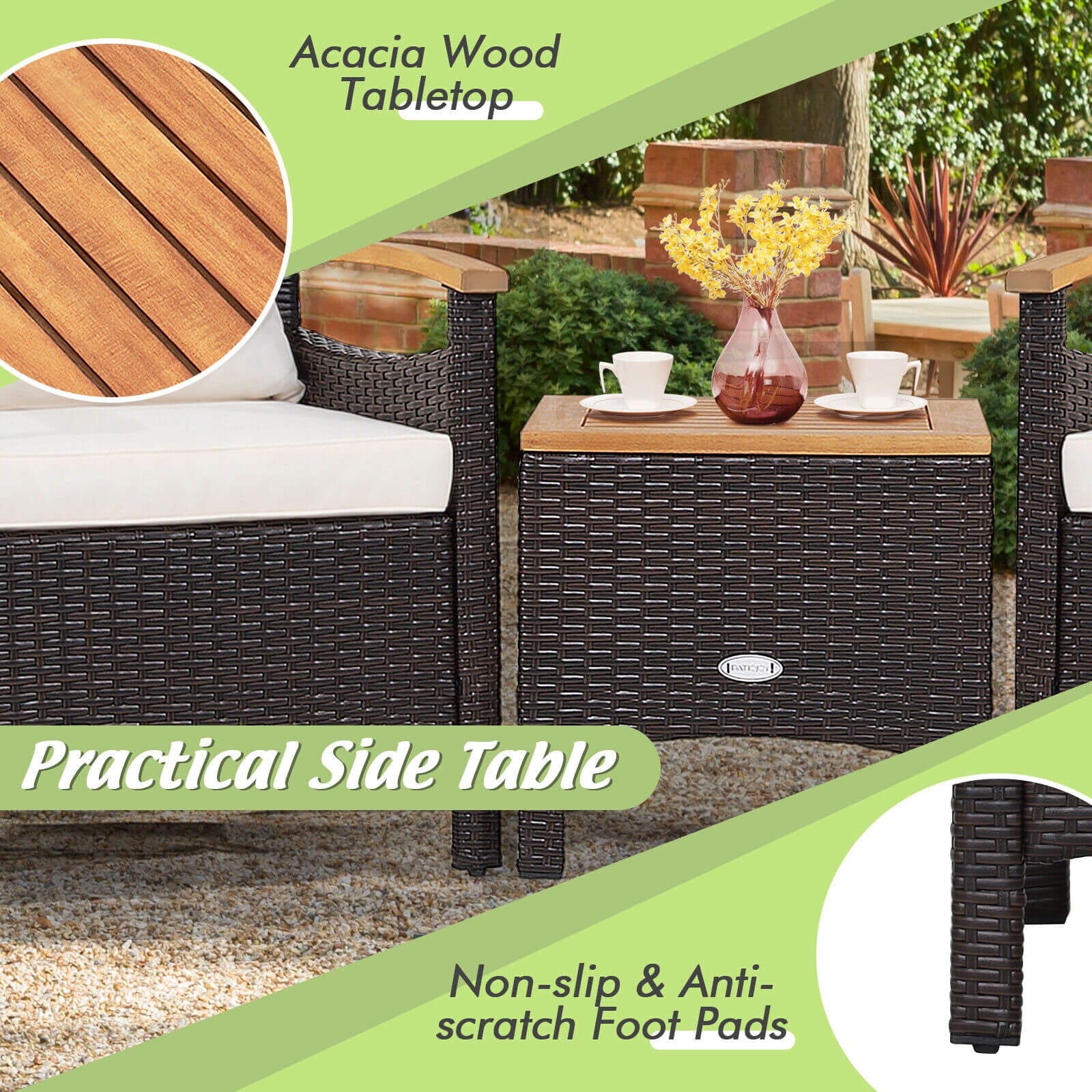 Detailed view of the acacia wood tabletop from the 3-Piece Outdoor Patio Rattan Furniture Set with Removable Cushions by Dream Yard Oasis, highlighting the practical side table with non-slip foot pads.