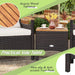 Detailed view of the acacia wood tabletop from the 3-Piece Outdoor Patio Rattan Furniture Set with Removable Cushions by Dream Yard Oasis, highlighting the practical side table with non-slip foot pads.