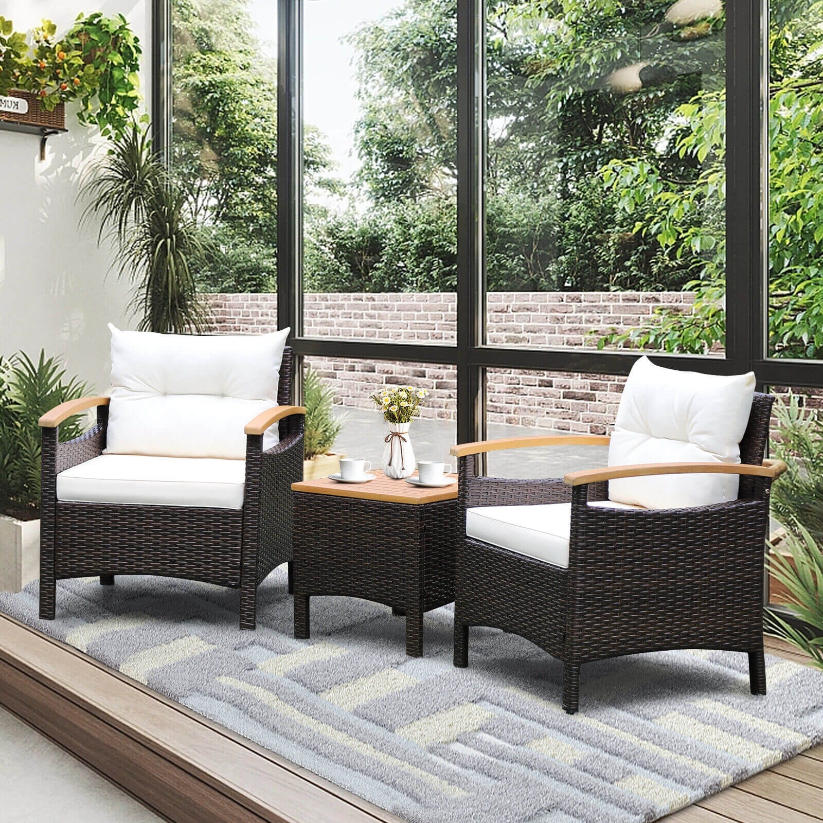 3-Piece Outdoor Patio Rattan Furniture Set with Removable Cushions - Stylish & Comfortable showcased in a bright indoor sunroom with greenery.