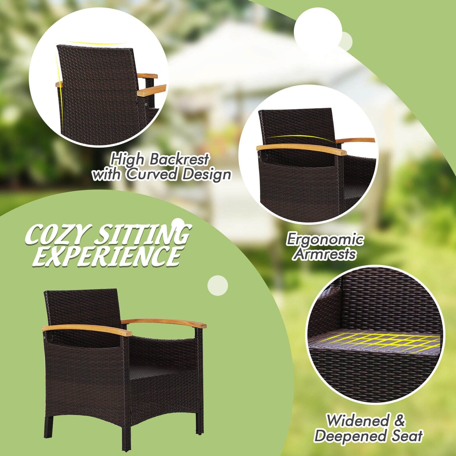 Cozy seating experience of the 3-Piece Outdoor Patio Rattan Furniture Set with Removable Cushions by Dream Yard Oasis, featuring high backrests, ergonomic armrests, and a widened seat design.