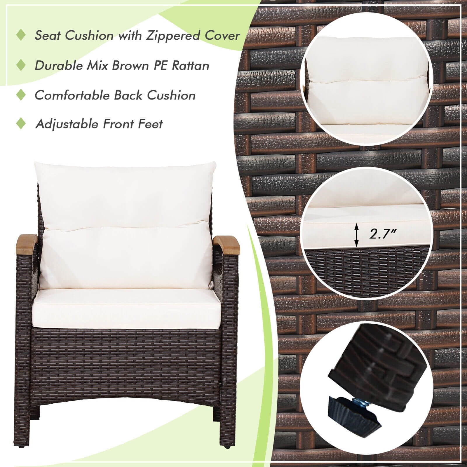 Comfortable and stylish side view of the 3-Piece Outdoor Patio Rattan Furniture Set with Removable Cushions by Dream Yard Oasis, emphasizing the zippers on the cushions and adjustable feet.