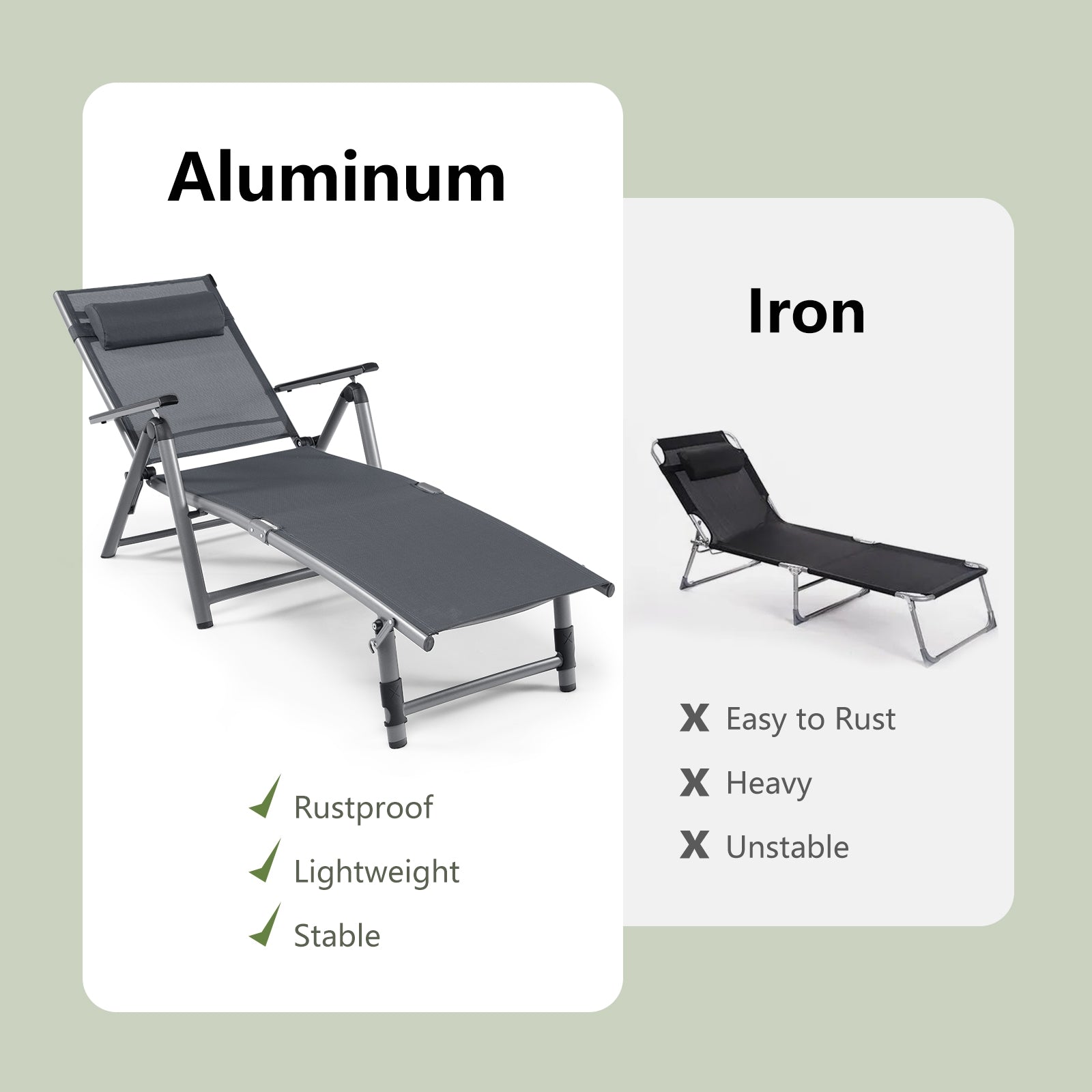 Adjustable Outdoor Aluminum Chaise Lounge Chair with Quick-Drying Fabric & Removable Pillow comparison image showcasing the benefits of aluminum over iron for durability and stability.