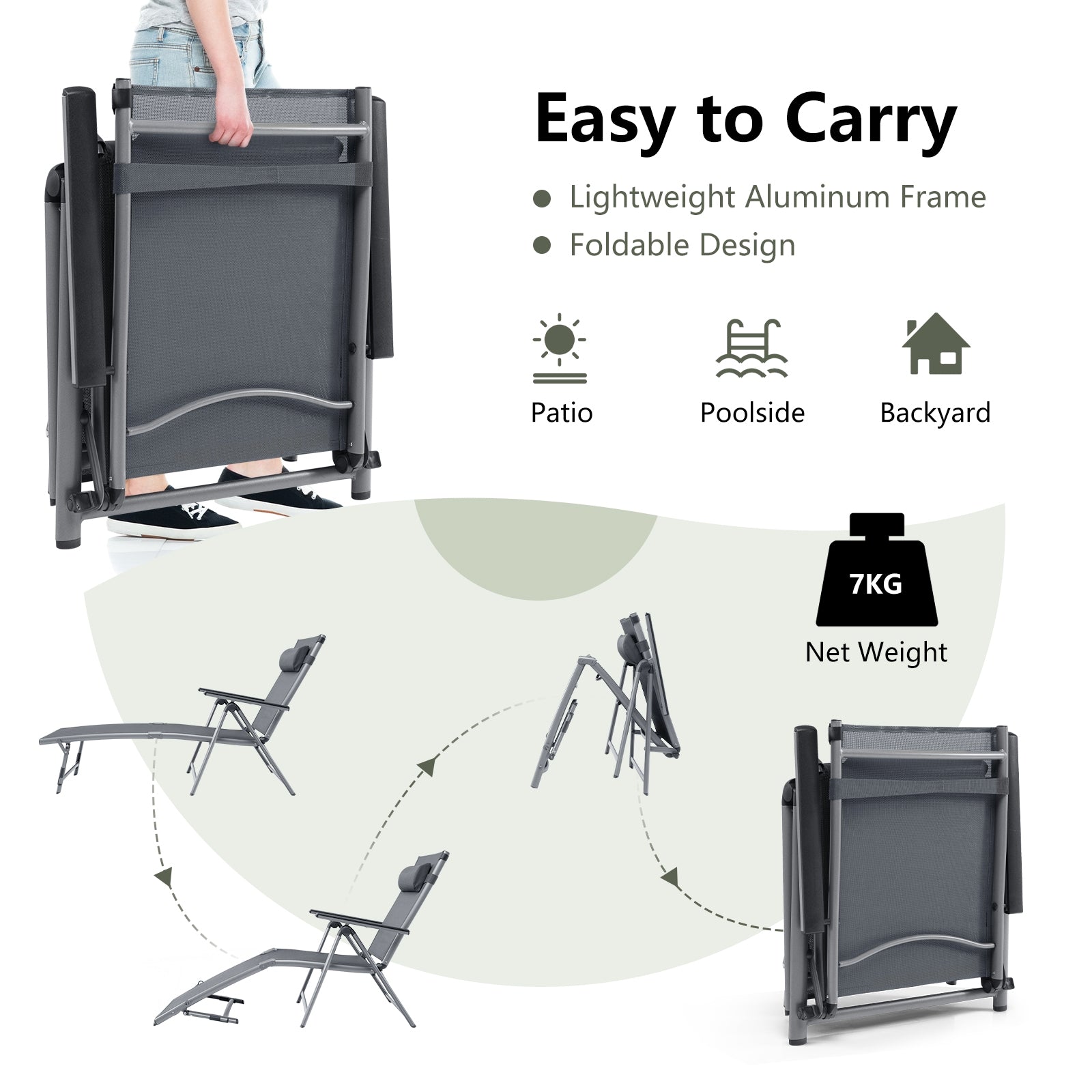 Adjustable Outdoor Aluminum Chaise Lounge Chair with Quick-Drying Fabric & Removable Pillow, easily folding for portability and storage.