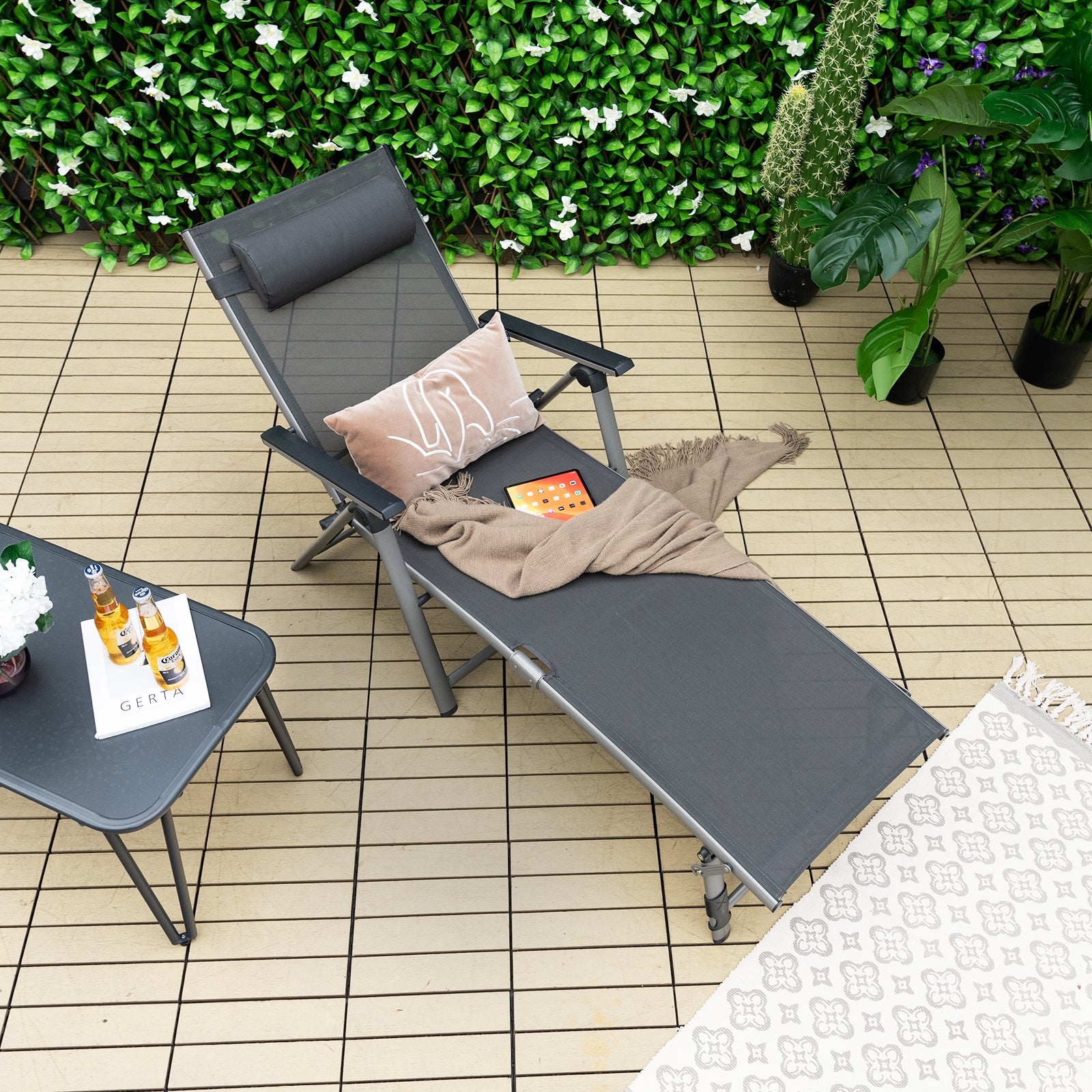 Adjustable Outdoor Aluminum Chaise Lounge Chair with Quick-Drying Fabric & Removable Pillow, featured in a stylish outdoor setting with decorative pillows.