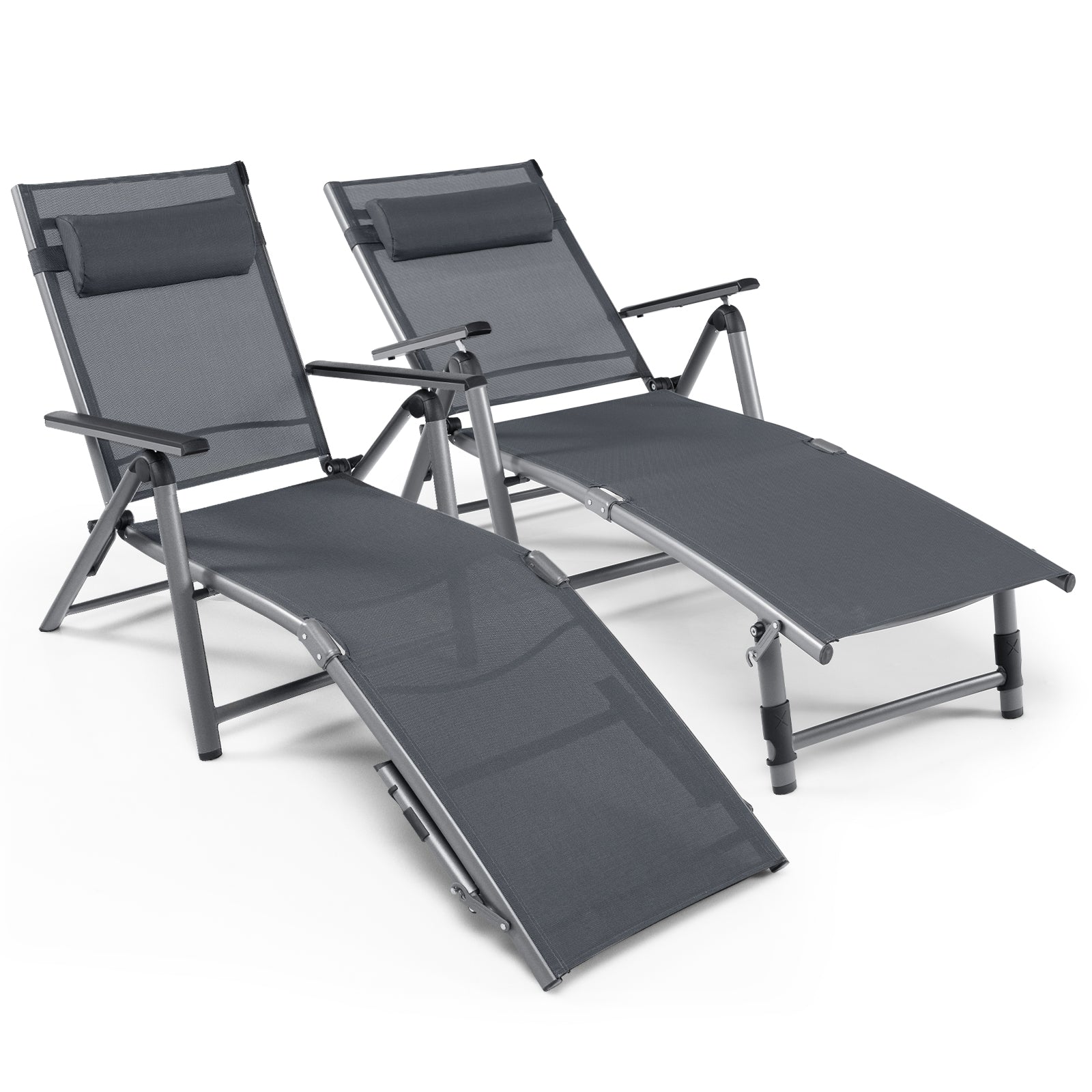 Front view of two Adjustable Outdoor Aluminum Chaise Lounge Chairs with Quick-Drying Fabric & Removable Pillow, showcasing their modern design.
