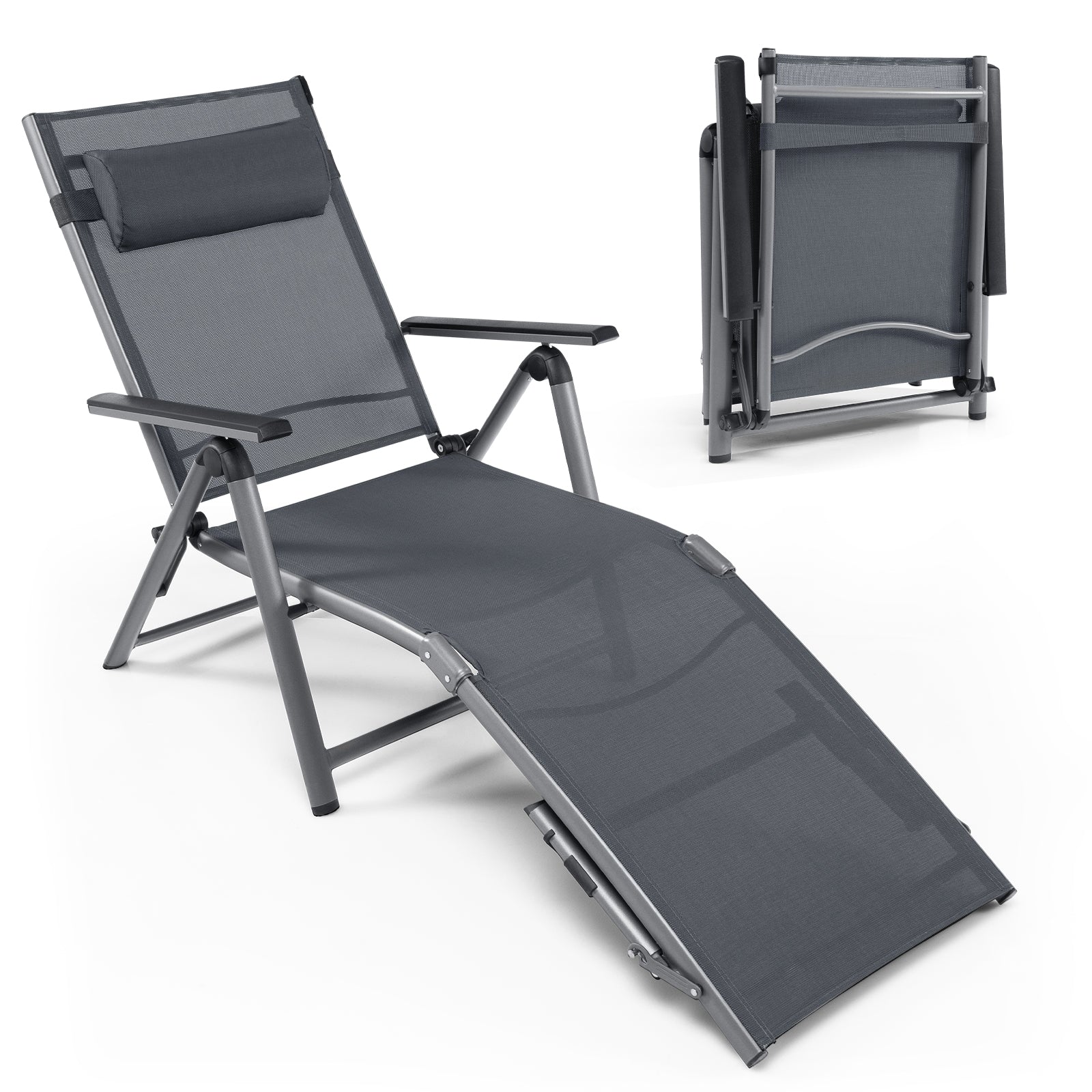 Adjustable Outdoor Aluminum Chaise Lounge Chair with Quick-Drying Fabric & Removable Pillow displayed in an upright position and folded for easy transport.