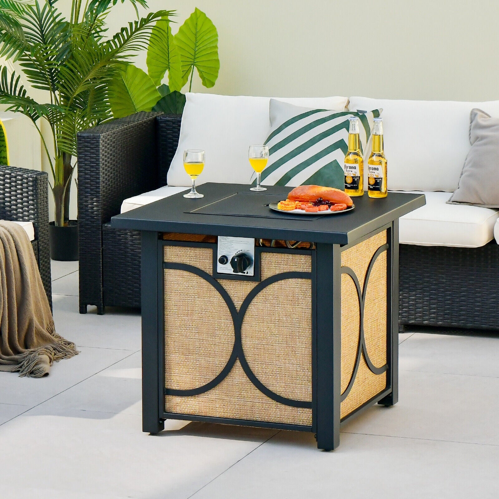 28" Square Fire Pit Table with 50000 BTU, Cover & Elegant Fire Glass for Outdoor Gatherings, set with drinks and snacks, showcasing an inviting ambiance for patio relaxation.