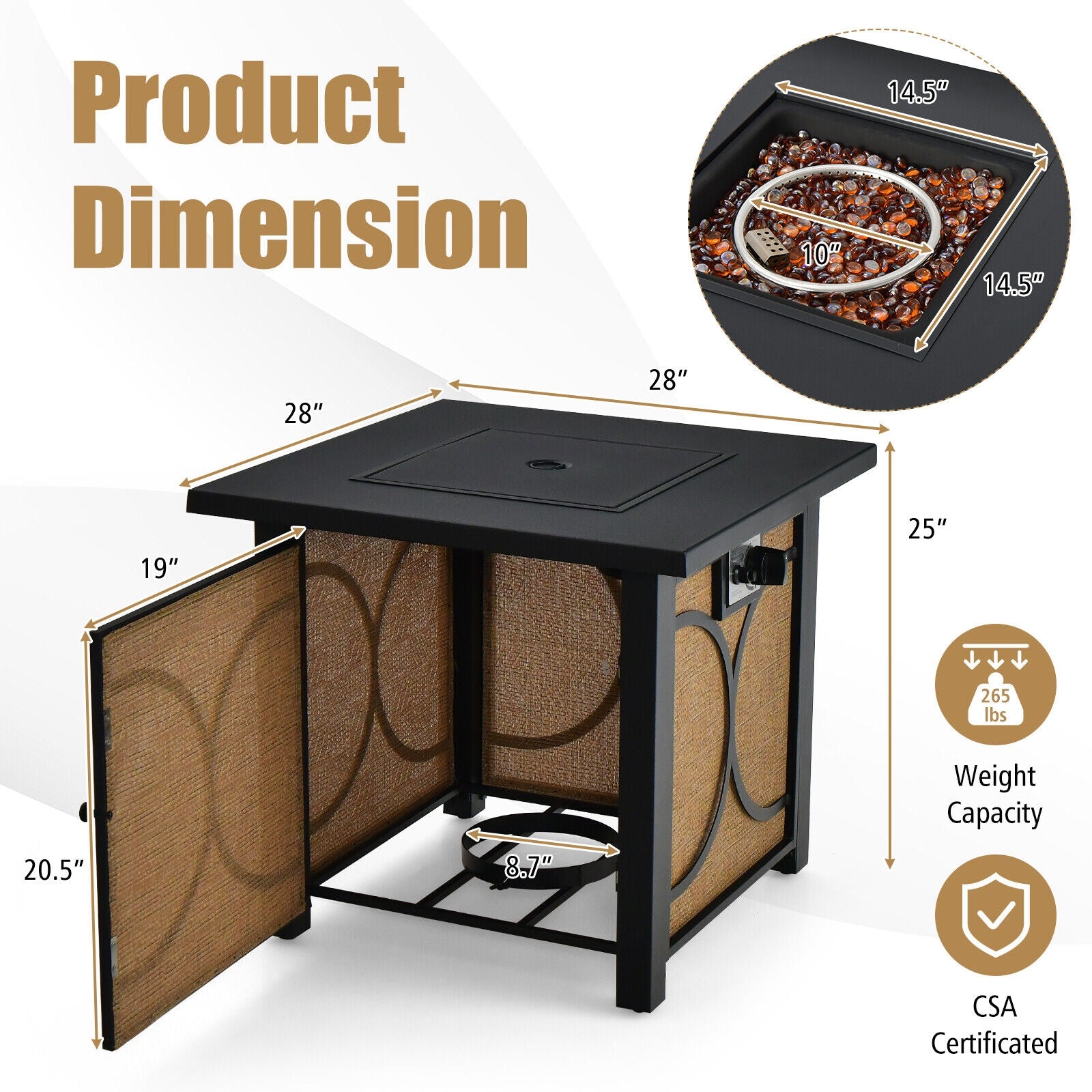 Dimensions of the 28" Square Fire Pit Table with 50000 BTU for better planning of outdoor spaces.