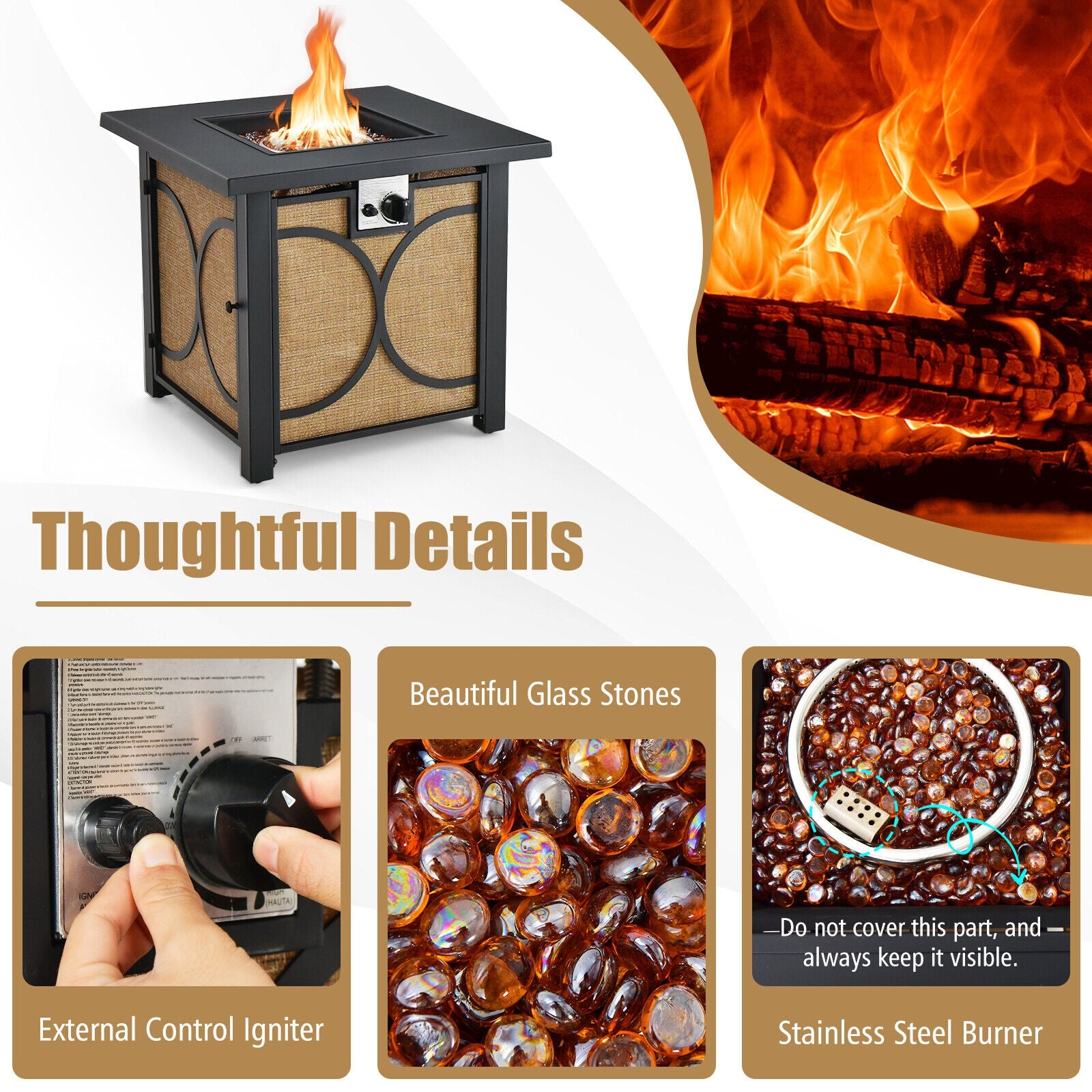 Detailed view of the 28" Square Fire Pit Table from Dream Yard Oasis™, showcasing the external control igniter, elegant glass stones, and durable stainless steel burner, perfect for enhancing outdoor gatherings.