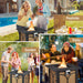 Social gathering around the 28" Square Fire Pit Table with 50000 BTU from Dream Yard Oasis™, featuring friends enjoying drinks and music in various outdoor settings like poolside, garden, and patio.