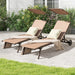 Two Heavy-Duty Adjustable Chaise Lounge Chairs with Canopies & Cup Holders in brown, set in a garden area with lush greenery, ideal for sunbathing and outdoor comfort.