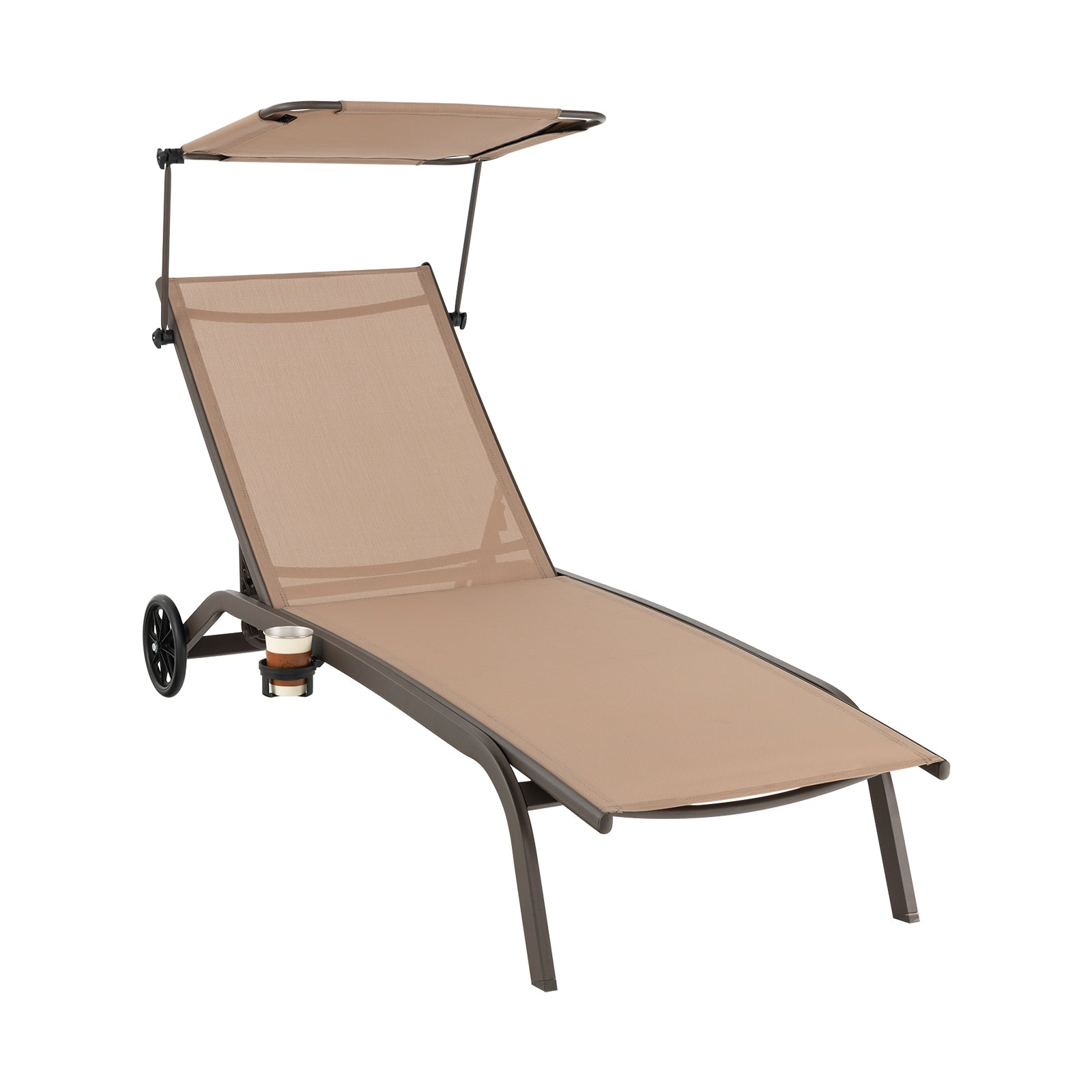 Heavy-Duty Adjustable Chaise Lounge Chair with Canopy & Cup Holder in Brown, featuring easy move wheels.