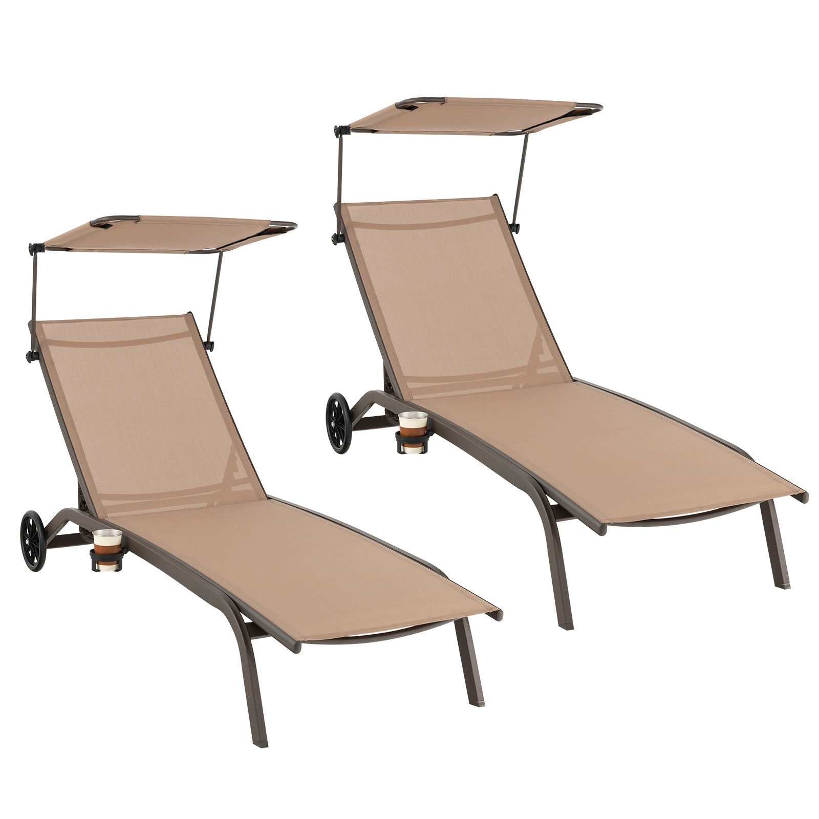 Set of two Heavy-Duty Adjustable Chaise Lounge Chairs with Canopies & Cup Holders in Brown, designed for comfort and convenience.