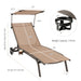 Dimensions and features of the Heavy-Duty Adjustable Chaise Lounge Chair with Canopy & Cup Holder in Brown, highlighting weight capacity and adjustments.