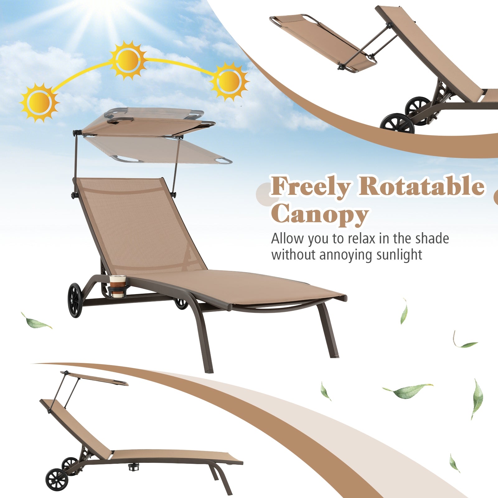 Heavy-Duty Adjustable Chaise Lounge Chair with Canopy & Cup Holder in Brown, illustrating the rotatable canopy for sun protection.