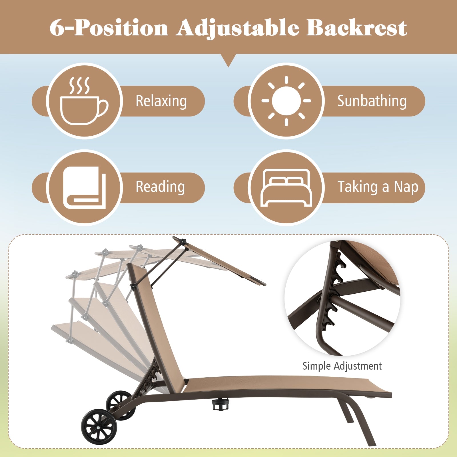 Versatile uses of the Heavy-Duty Adjustable Chaise Lounge Chair with Canopy & Cup Holder in Brown, showcasing its adjustable backrest for relaxation.