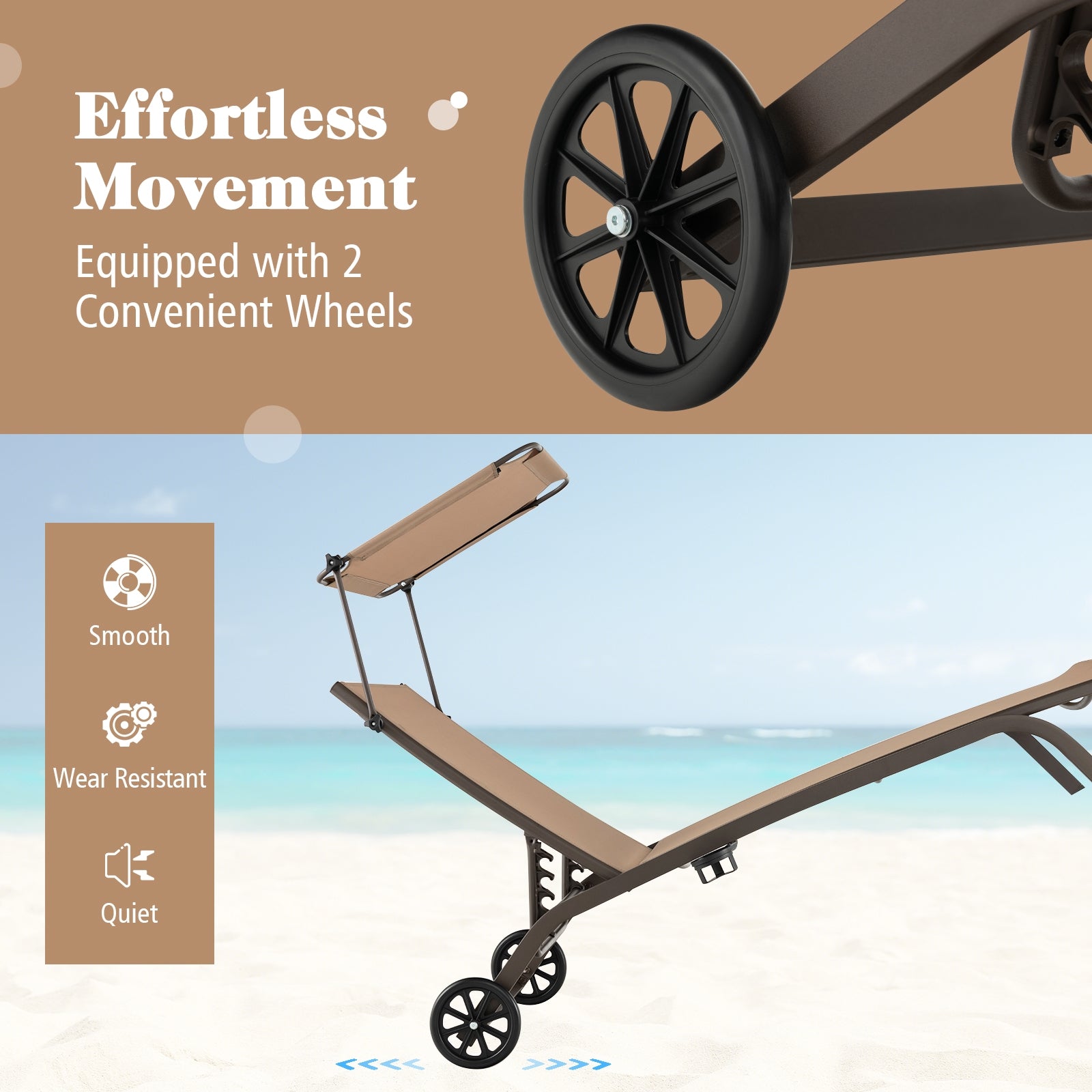 Heavy-Duty Adjustable Chaise Lounge Chair with Canopy & Cup Holder - Brown - Easy Move Wheels showcasing convenient wheels for effortless movement on beach or patio.