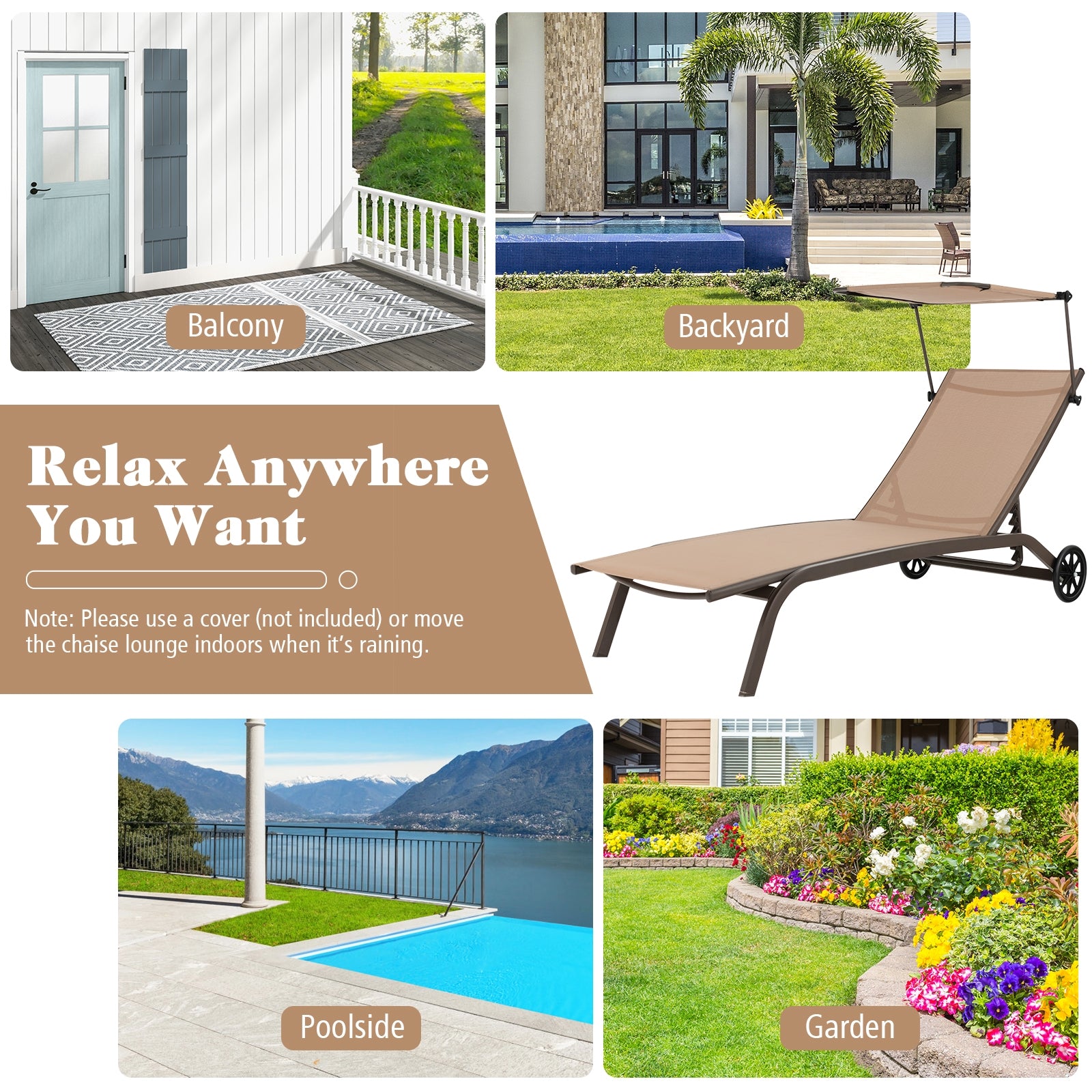 Heavy-Duty Adjustable Chaise Lounge Chair with Canopy & Cup Holder - Brown - Easy Move Wheels highlighted in various relaxing settings like balcony, backyard, poolside, and garden.