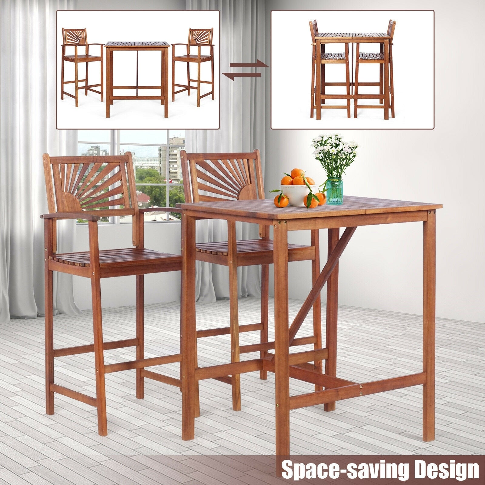 3-Piece Acacia Wood Patio Bar Set with Sunflower Backrest showcasing a space-saving design, includes a bar table and stools, ideal for patios or indoor spaces by Dream Yard Oasis.