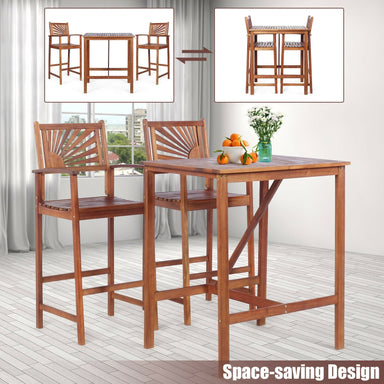 3-Piece Acacia Wood Patio Bar Set with Sunflower Backrest showcasing a space-saving design, includes a bar table and stools, ideal for patios or indoor spaces by Dream Yard Oasis.