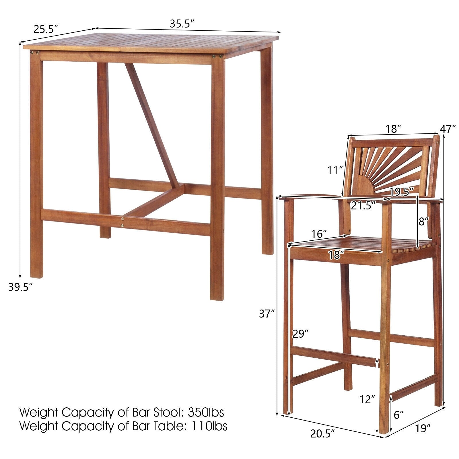 Detailed dimensions of the 3-Piece Acacia Wood Patio Bar Set with Sunflower Backrest, including measurements for the bar table and stools for easy setup.