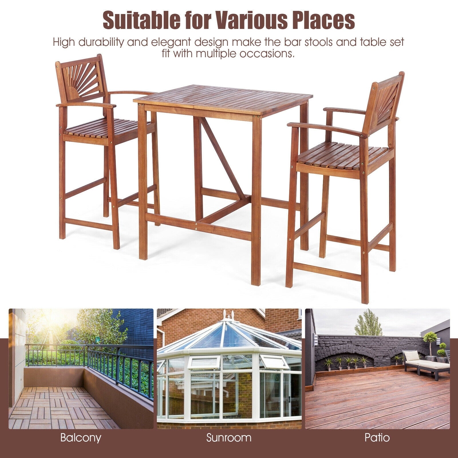 The 3-Piece Acacia Wood Patio Bar Set with Sunflower Backrest shown in versatile outdoor settings, ideal for balconies, sunrooms, or patios.