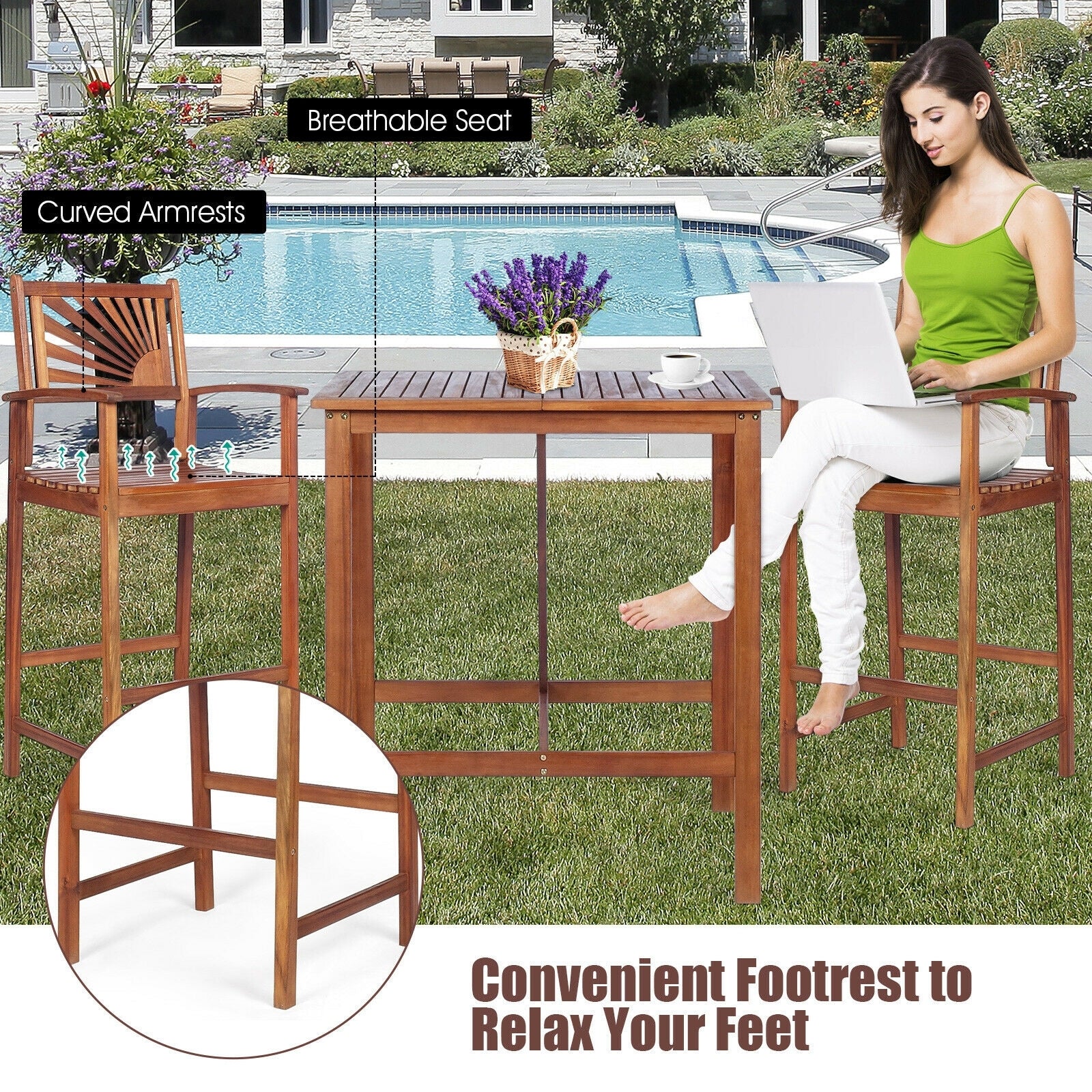 Woman relaxing at the 3-Piece Acacia Wood Patio Bar Set with Sunflower Backrest by the pool, highlighting its ergonomic design with a footrest.