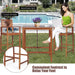 Woman relaxing at the 3-Piece Acacia Wood Patio Bar Set with Sunflower Backrest by the pool, highlighting its ergonomic design with a footrest.