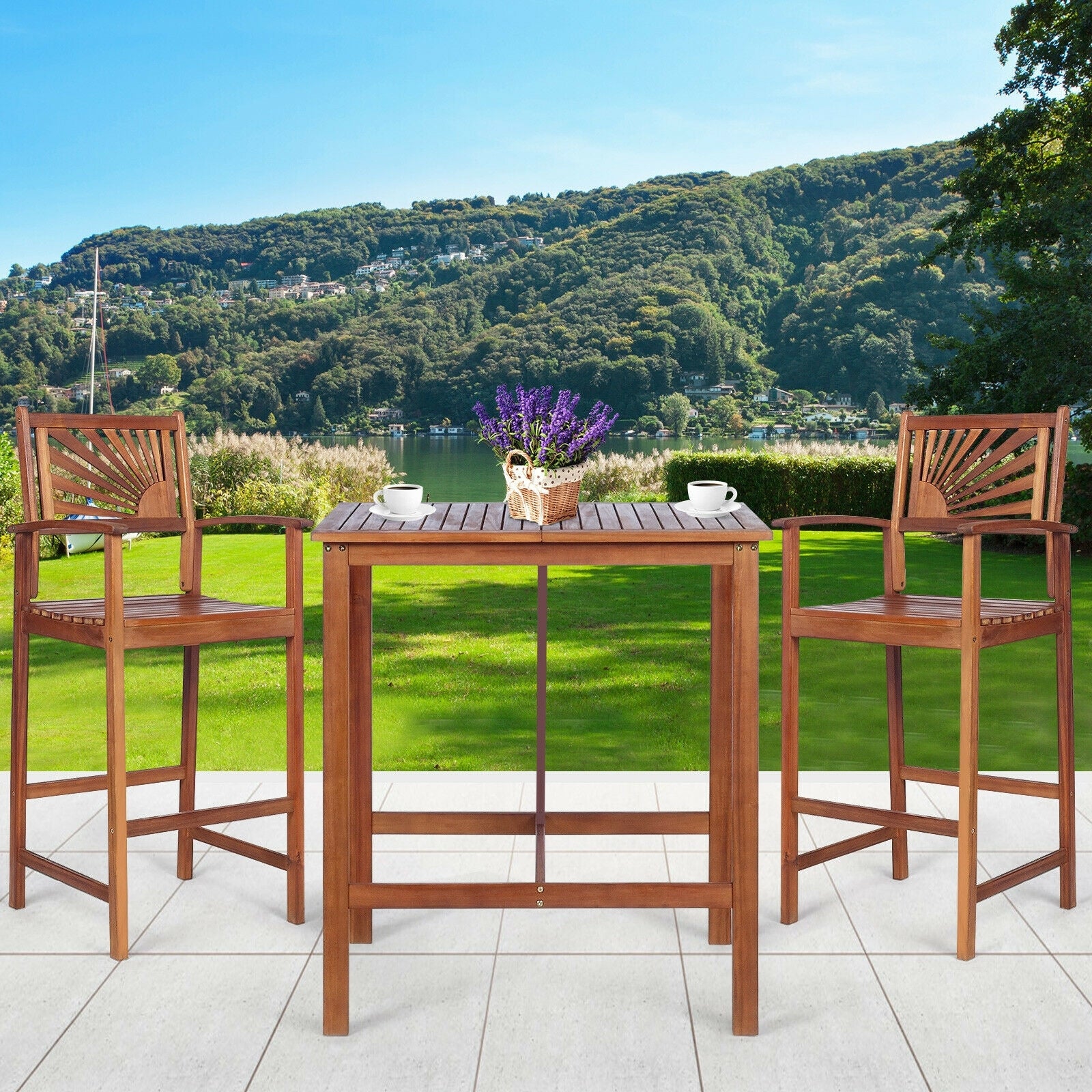 3-Piece Acacia Wood Patio Bar Set with Sunflower Backrest featuring a stylish bar table and two stools on a patio with a scenic view.