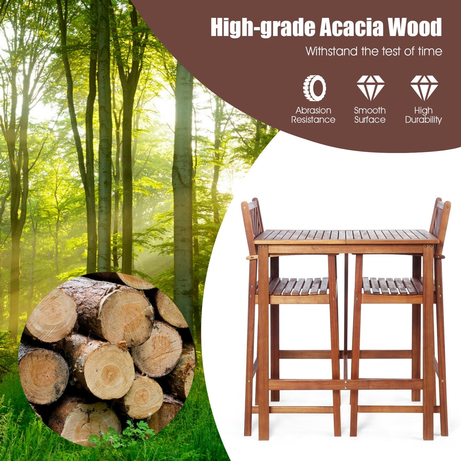 3-Piece Acacia Wood Patio Bar Set with Sunflower Backrest showcasing high-grade acacia wood, emphasizing durability and elegance.