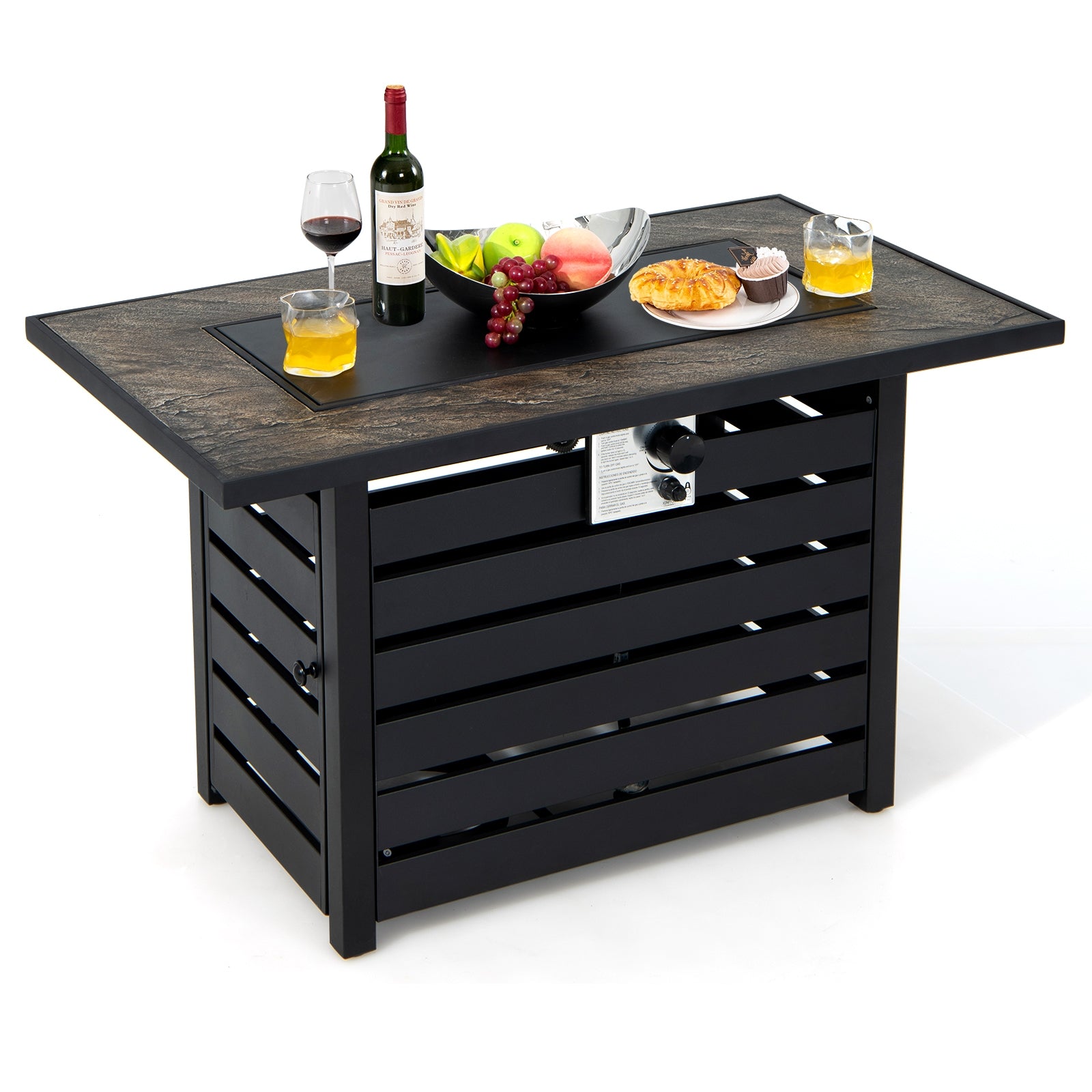 Close-up view of the 42-Inch Propane Fire Pit Table featuring drinks and snacks, showcasing its durable steel construction and elegant design for outdoor entertainment.