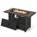 The 42-Inch Propane Fire Pit Table with flames flickering above lava rocks, demonstrating its function as a stylish centerpiece for outdoor gatherings with a heat output of 50,000 BTU.