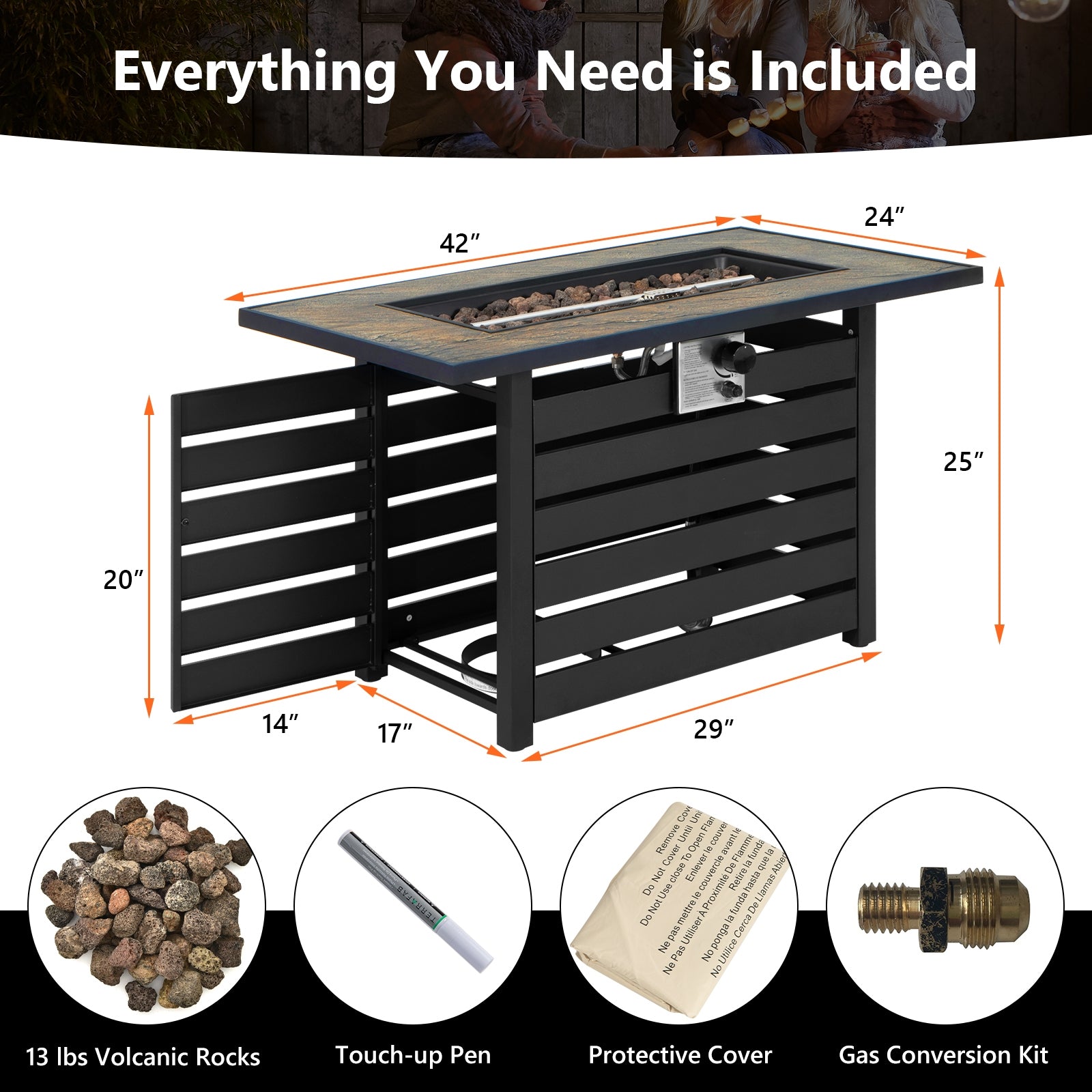Dream Yard Oasis™ 42-Inch Propane Fire Pit Table with included accessories like volcanic rocks, touch-up pen, protective cover, and gas conversion kit.